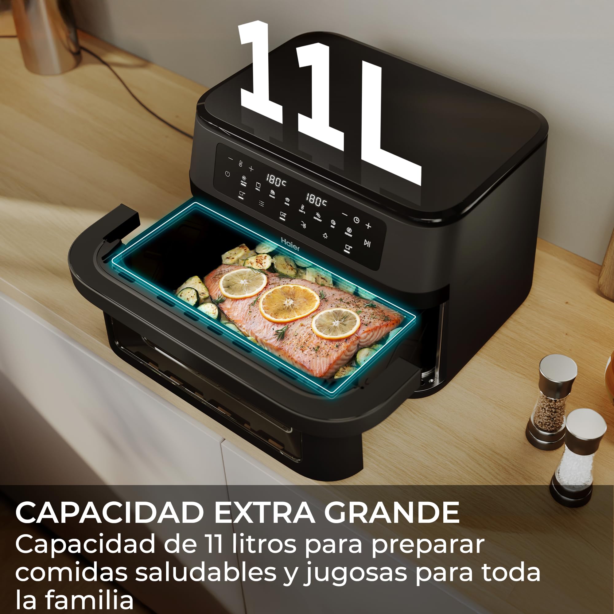 Haier Freidora de Aire Doble Cajón Flex 11L con Divisor y Ventana, 8 en 1: Air Fry, Grill, Asar, Hornear, Secar, Recalentar, Descongelar, Cocción Lenta, Sync, Antiadherente, Lavavajillas [HAF3ADW]
