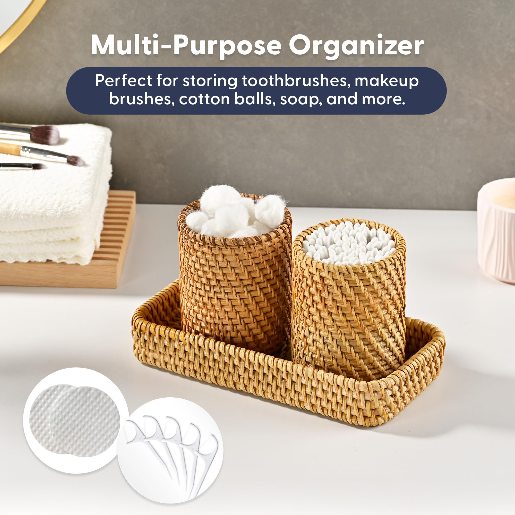 MaisoNovo Set da bagno in rattan, dispenser bianco da appoggio, portaspazzolino e tazza di dentifricio con vassoio, set di 3 vassoi rettangolari in rattan per riporre oggetti