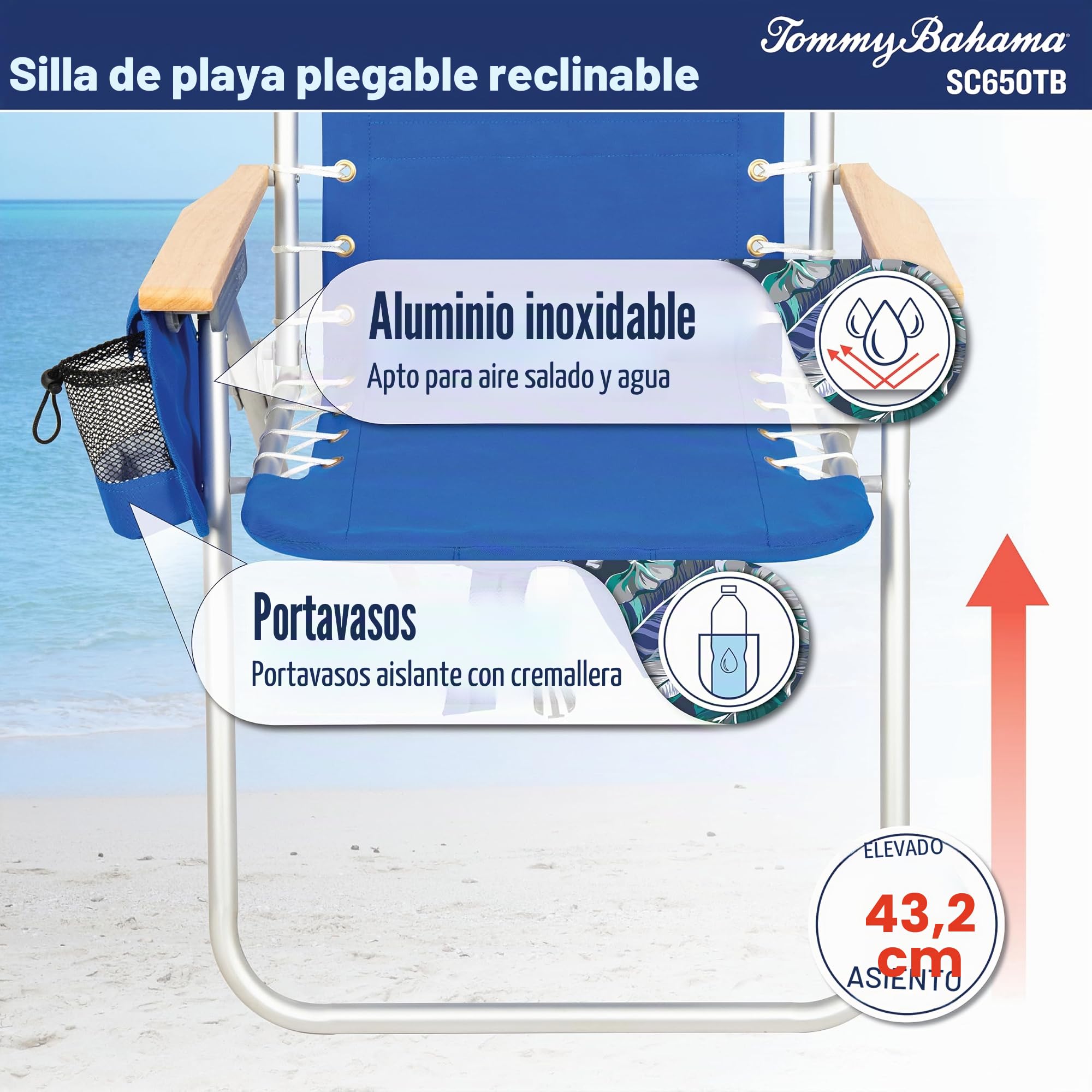 Tommy Bahama Hi-Boy - Silla de Playa Plegable con Cordones y suspensión de 4 Posiciones, de poliéster