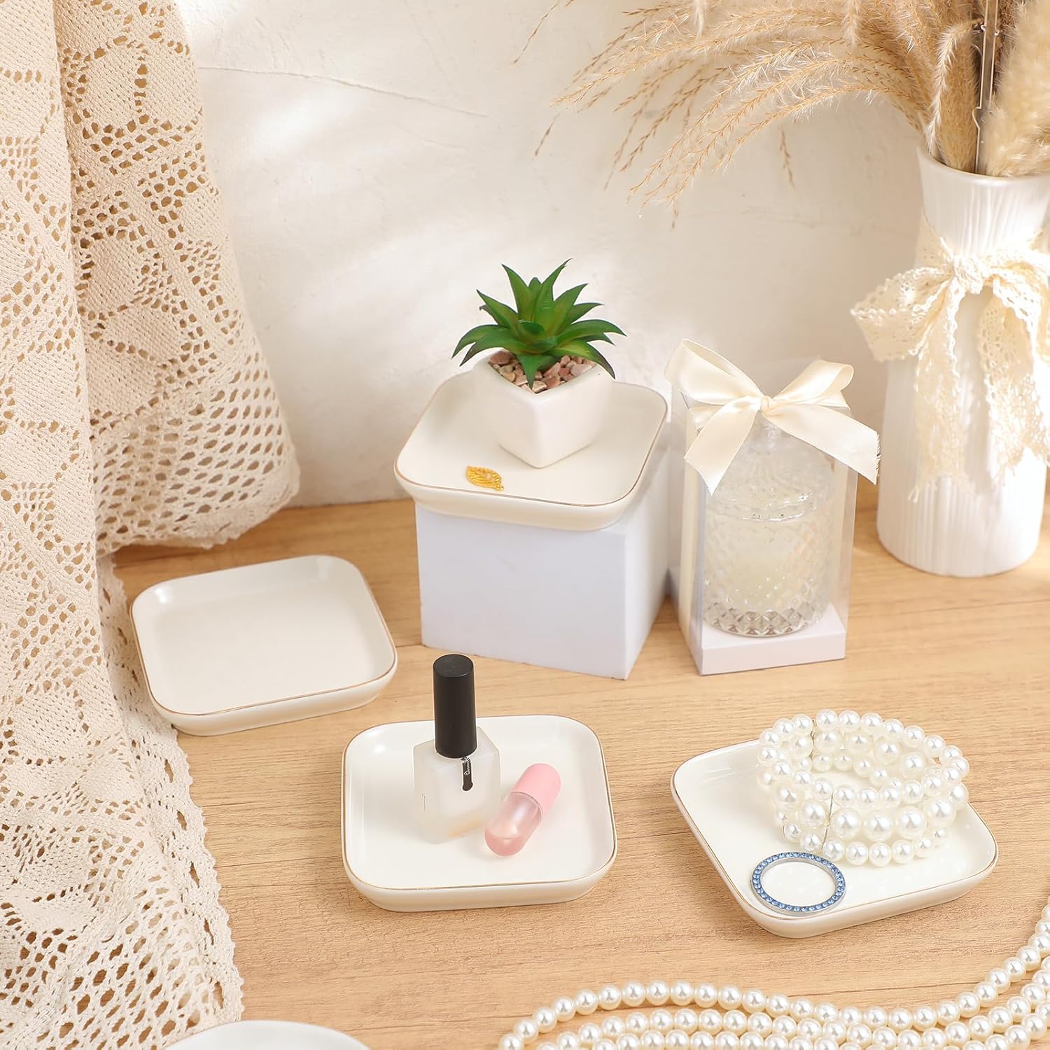 Shappy 6 Pcs White Ceramic Jewelry Tray 4.5 in Ring Holder Trinket Dish for Christmas Friendship Wedding Birthday Gifts(Square)