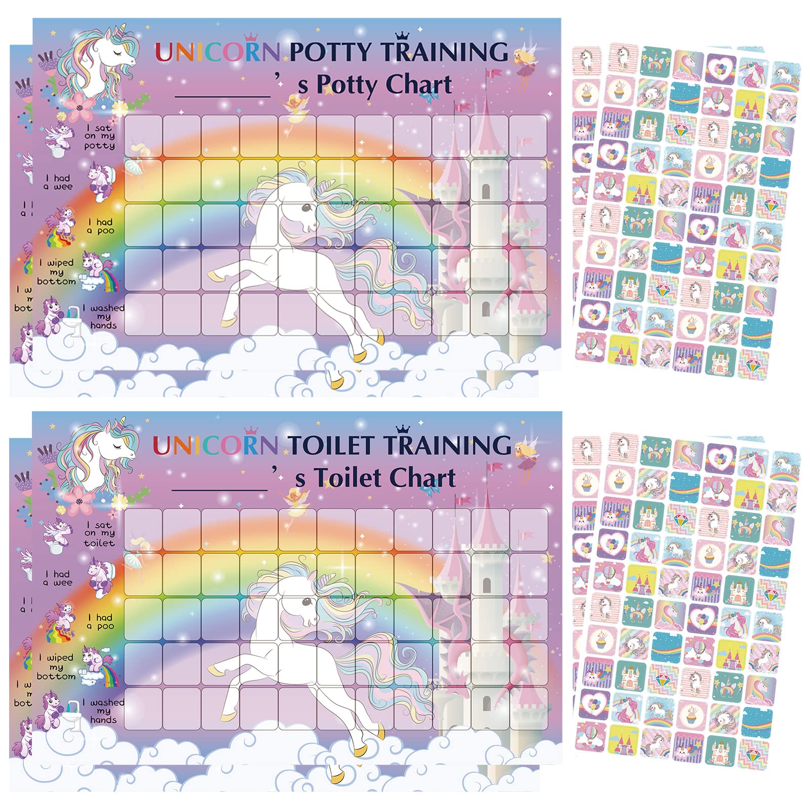 8 Pieces Unicorn Reward Chart with Stickers Includes 4 Pieces Unicorn Potty Training Charts, 4 Sheets/ 240 Pieces Reward Chart Reusable Rainbow Stickers for Little One's Behavior Training