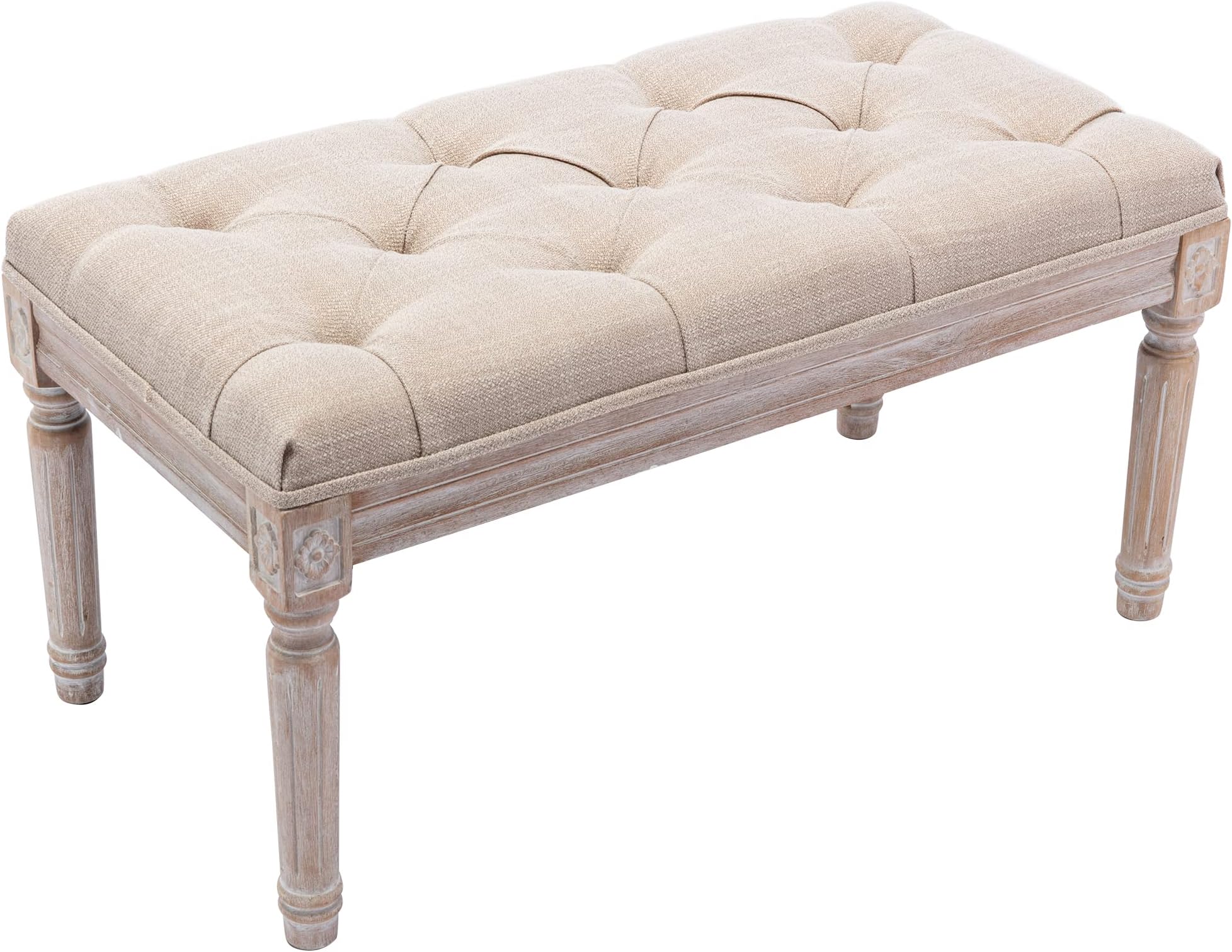 Fabric Entryway Bench with Button Tufted Seat and Rustic Wood Legs, Vintage Bedroom Bench End of Bed, Padded Extra Seating Bench for Living Room Office Studio Hallway, Beige