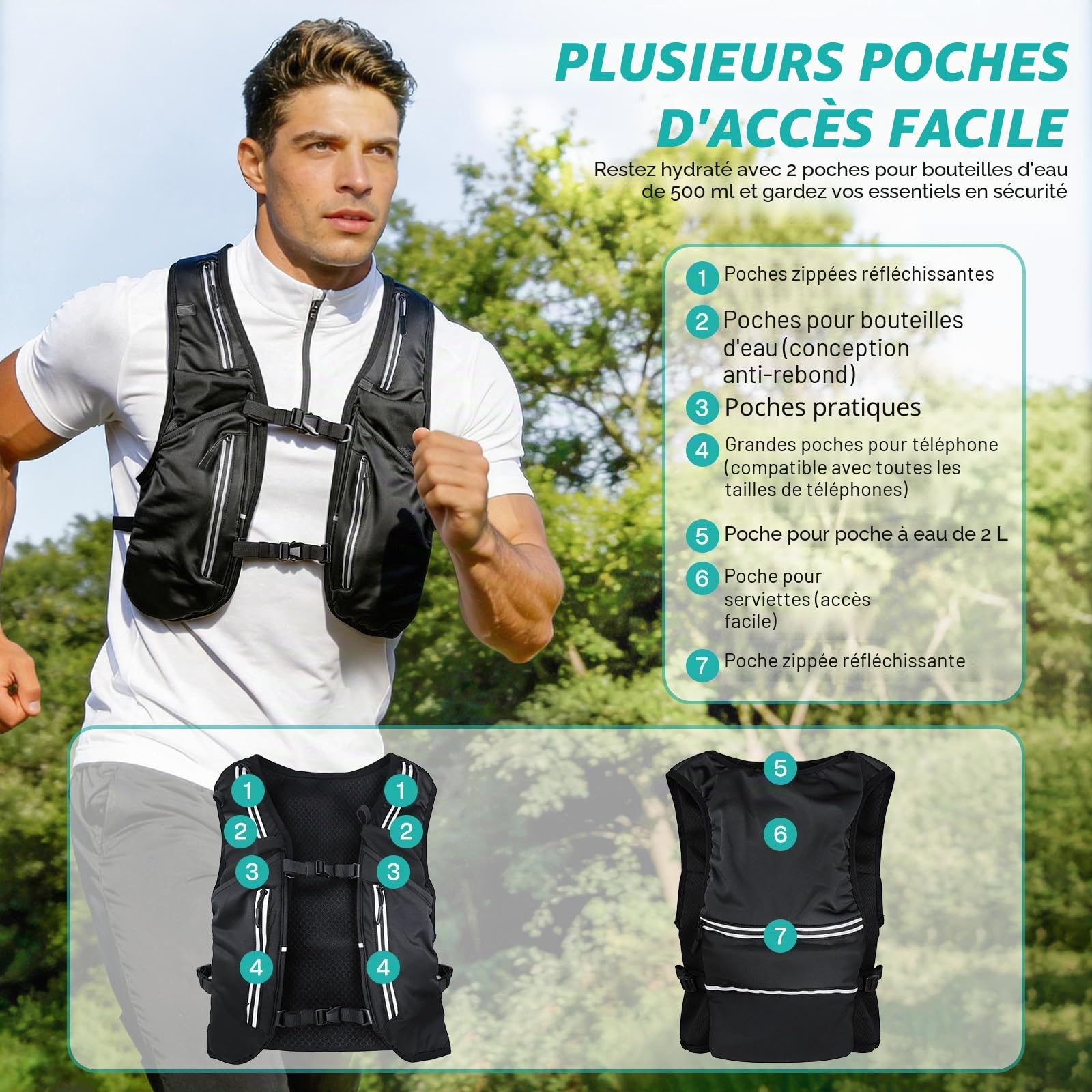 Nextyu Gilet Running Femme & Homme, Sac Hydratation Trail Léger Réfléchissant avec Gourde Souple 500 ML, Bretelles de Poitrine Réglables pour Course à Pied Randonnée Cyclisme Marathon