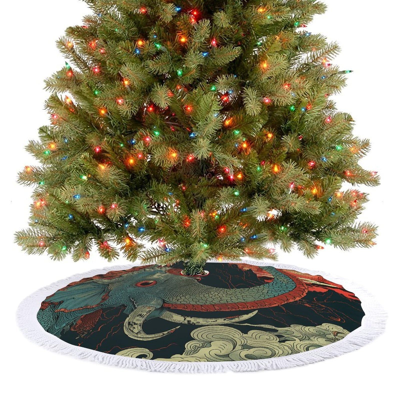 Dark Blue Elephant Christmas Tree Skirt 36"x36" Rustic Xmas Tree Mat with Tassel Ornament Christmas Trees Cover Skirt Mat for Evergreen Trees Ornament Winter Holiday Mats Decorations
