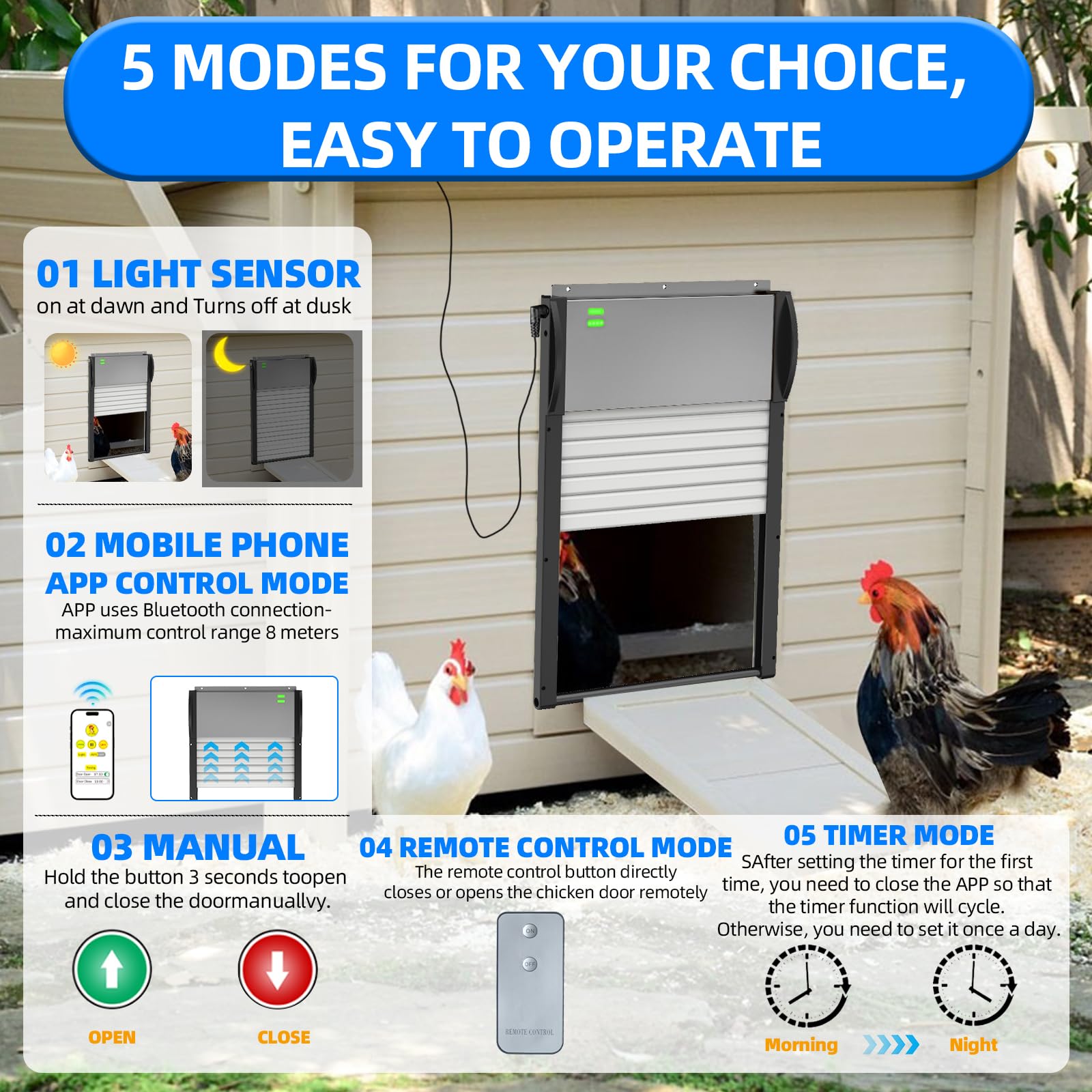 Porta Automatica Pollaio Solare Con Timer E Telecomando - Lega Alluminio, Anti-schiacciamento, Batteria 4000mAh - Foto 5