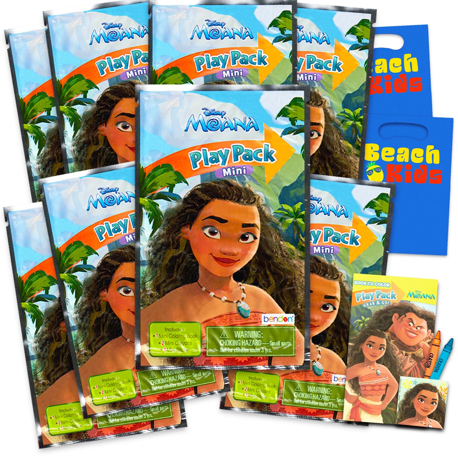 Disney 8 Pc Moana Mini Party Favors Set - Bundle 8 Play Packs with Mini Coloring Books, Stickers, and Goodie Bags | Moana Birthday Party Supplies