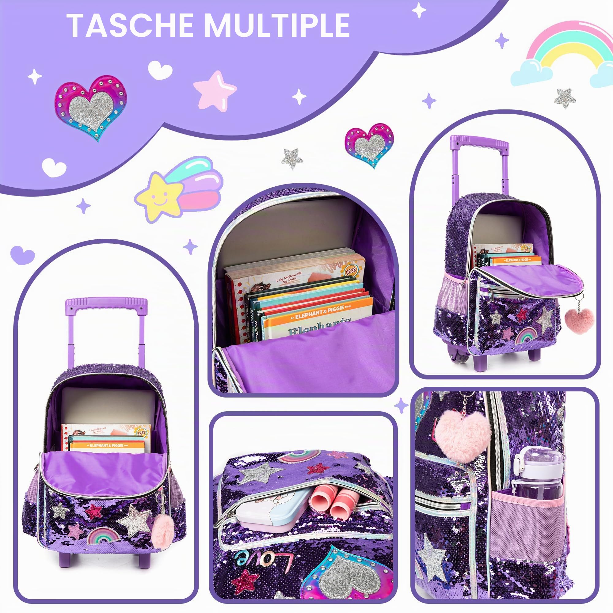 HTgroce Trolley Zaino con ruote, astuccio, borsa per il pranzo, 3 in 1, facile da arrotolare, per ragazze, borse per la scuola