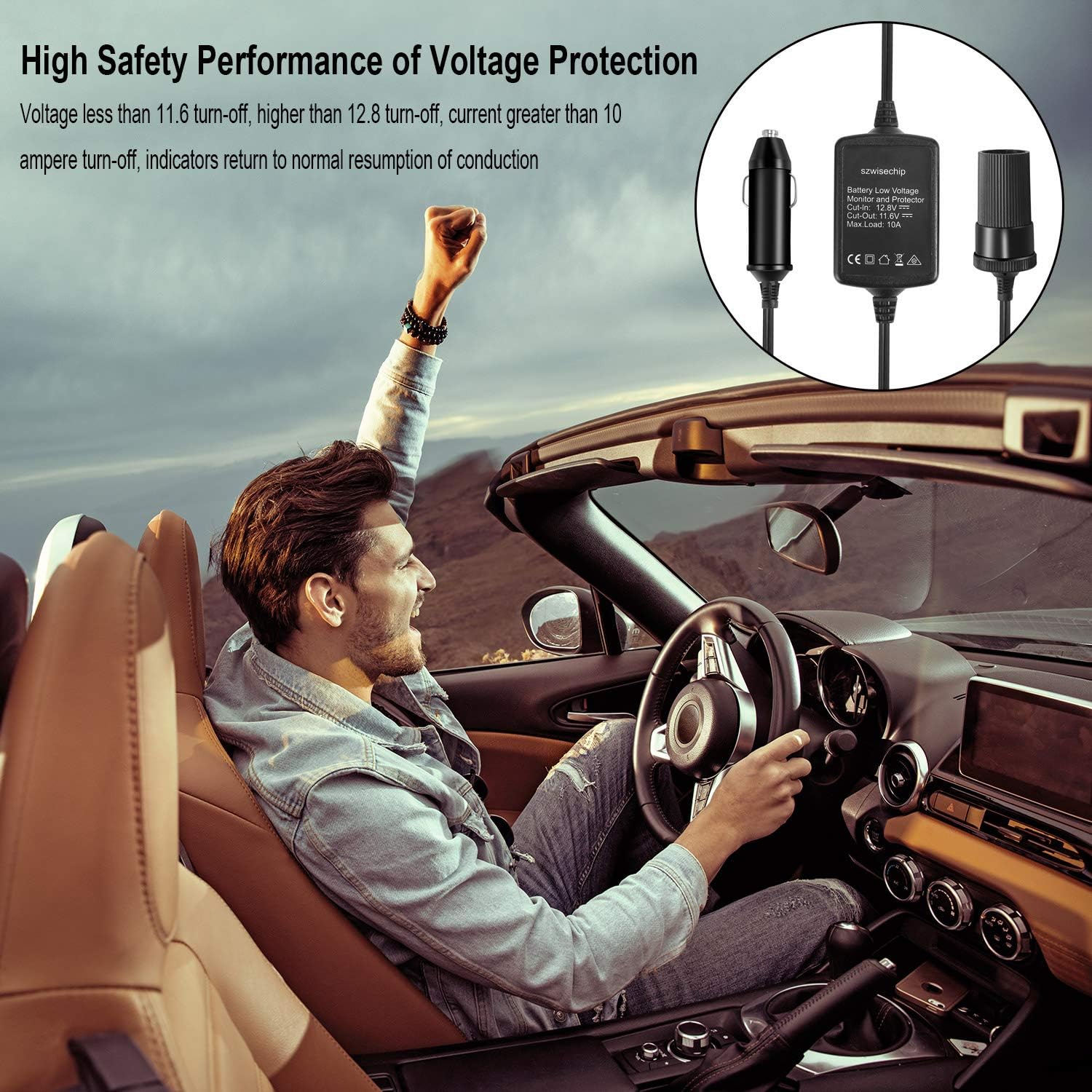 12V Battery Low Voltage Protector - Male Plug to Female Socket Extension Cable for Tire Pump, Air Compressor