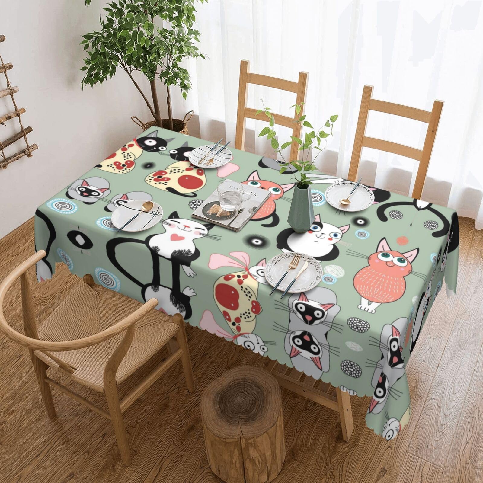Hzhuaoeg Lovely Cartoon Cats Square Tablecloth Print Table Cover Wipe Clean Tablecloth For Parties, Picnics, Gardens Table Cover 137X183cm