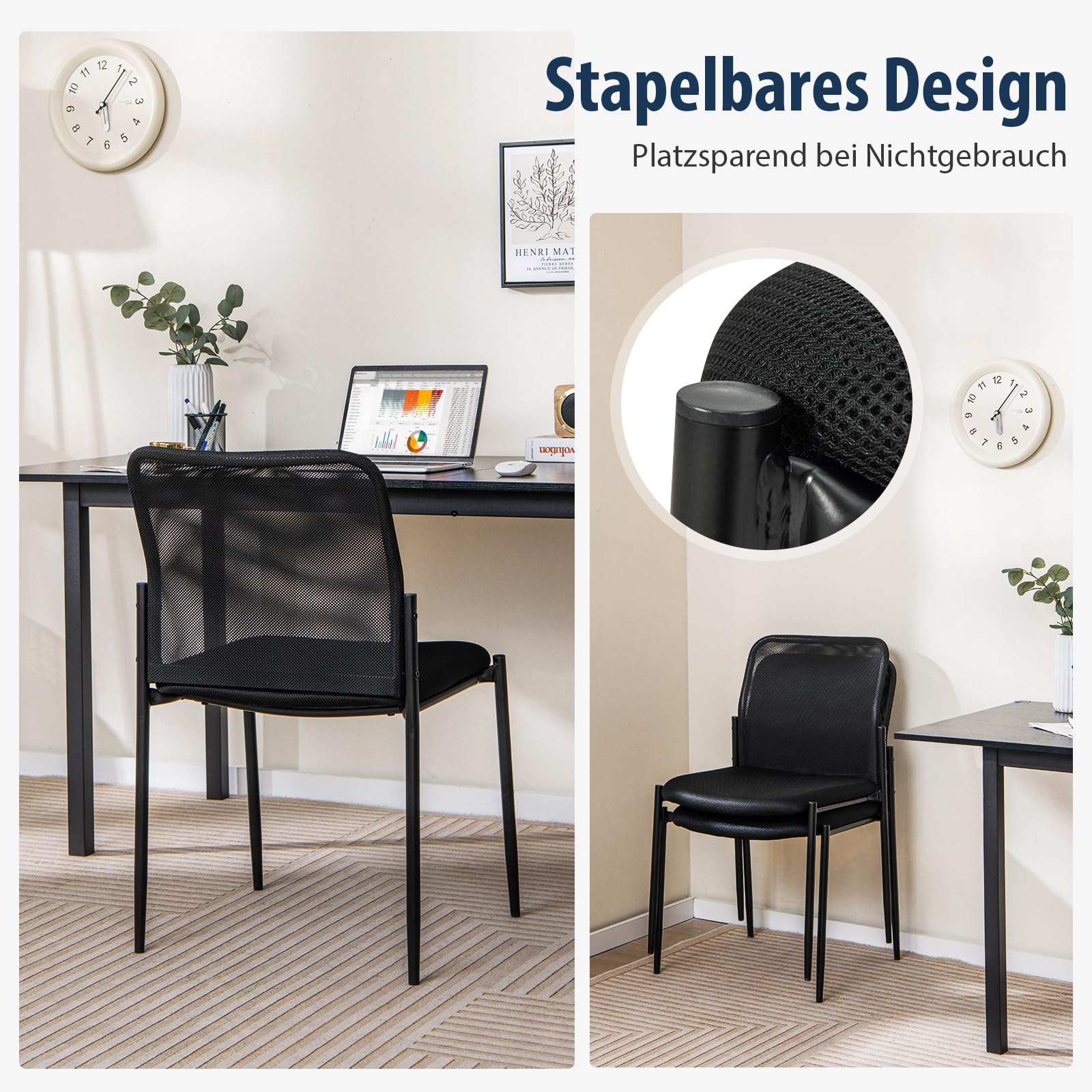 COSTWAY Konferenzstühle 2er Set, stapelbare Besucherstühle ohne Armlehnen, Bürostühle bis 150 kg belastbar, für Büro, Konferenz, Empfang, Schwarz