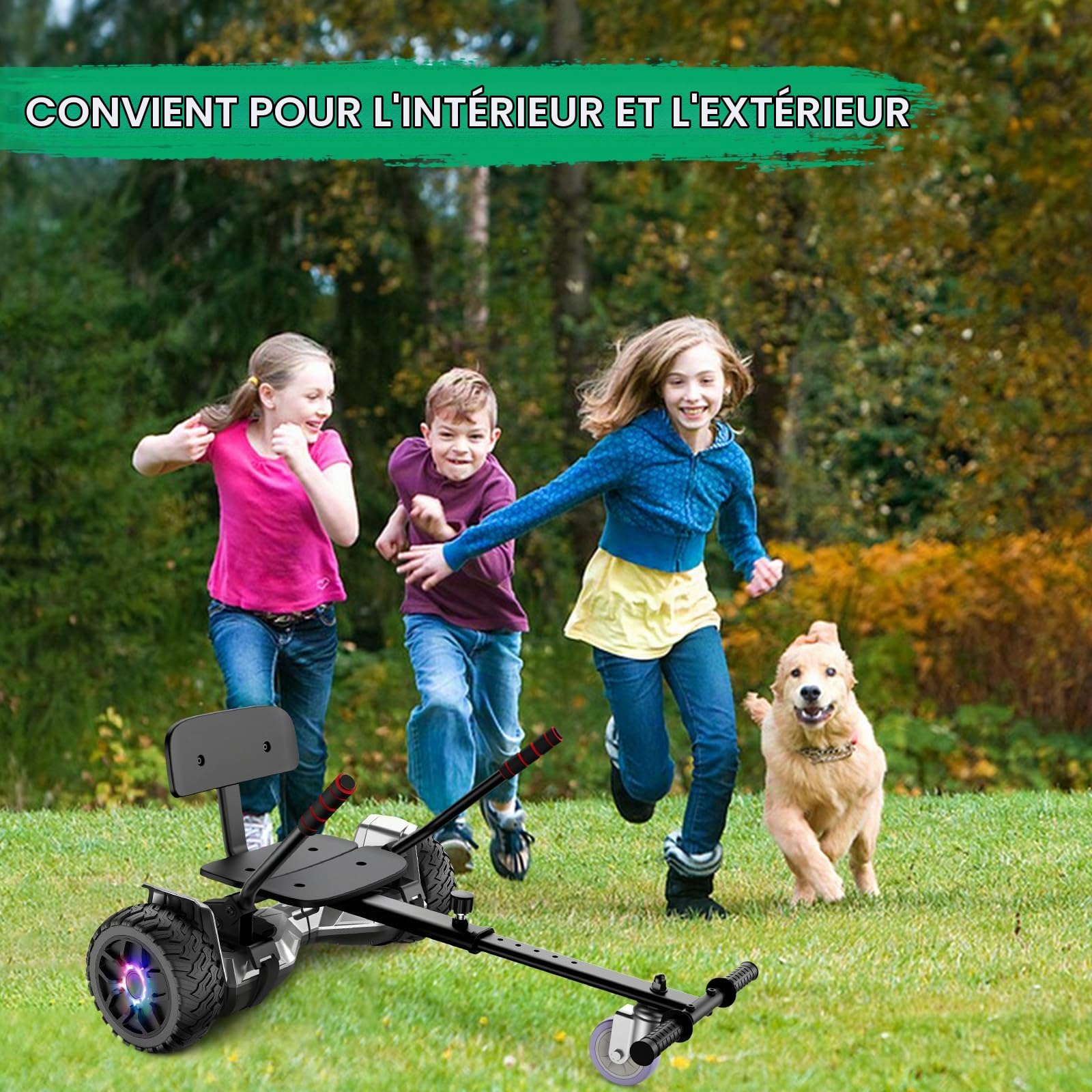 Hoverboard avec siège, hoverboard tout-terrain avec hoverkart, 8,5 pouces avec auto-équilibre, hoverboard tout-terrain avec haut-parleur Bluetooth, LED, cadeau pour les enfants
