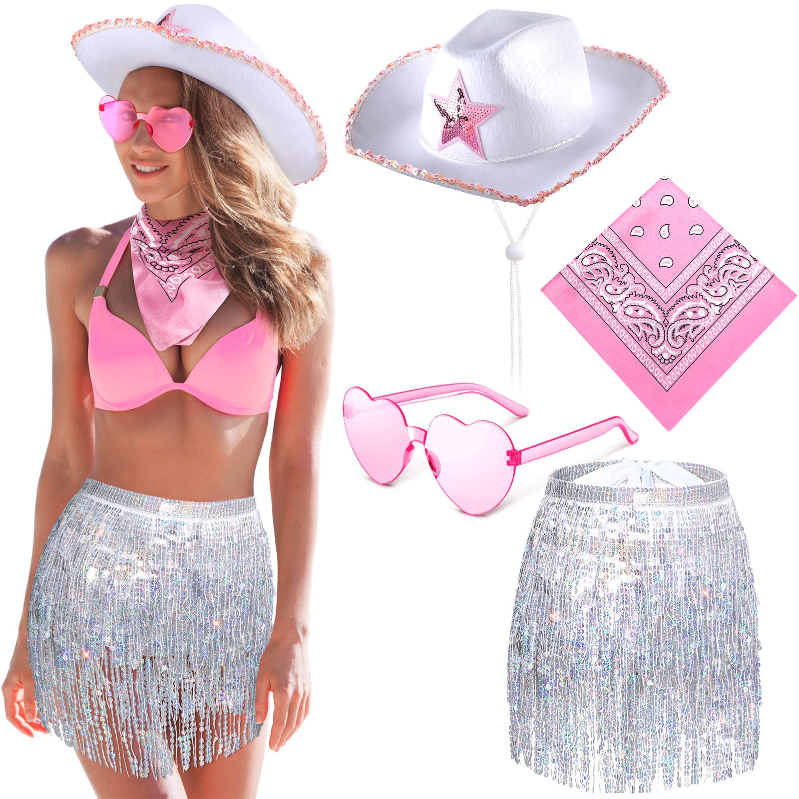 Jadive 4 Pcs Space Cowgirl Costume Accessories Disco Hat Fringe Sequin Skirt Pink Bandana Sunglass for 70s 80s Hippie Cosplay