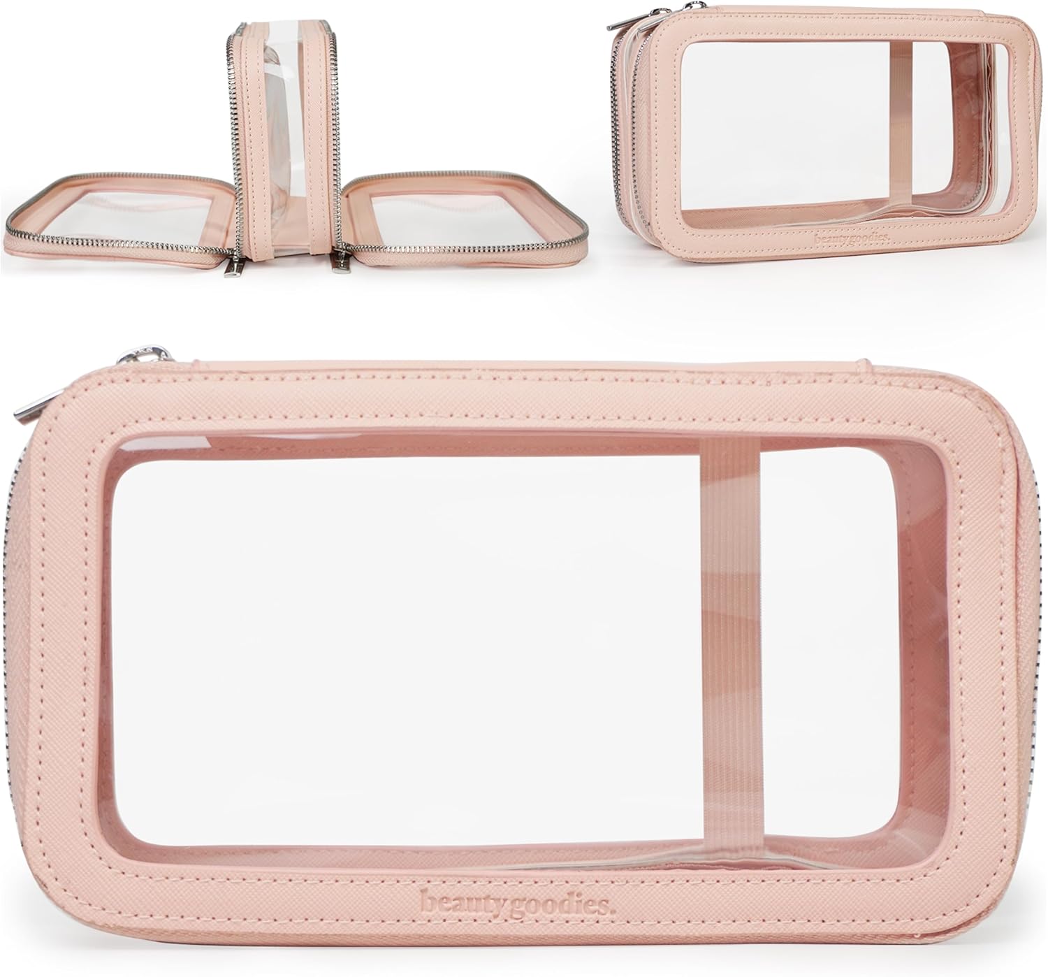 BEAUTYGOODIES Pink Large Clear Makeup Bag for Women with Zipper Organizer, Make Up Bag for Traveling, Transparent Travel Makeup Bag, Cosmetic Bag with Zipper for makeup and toiletry for both Women