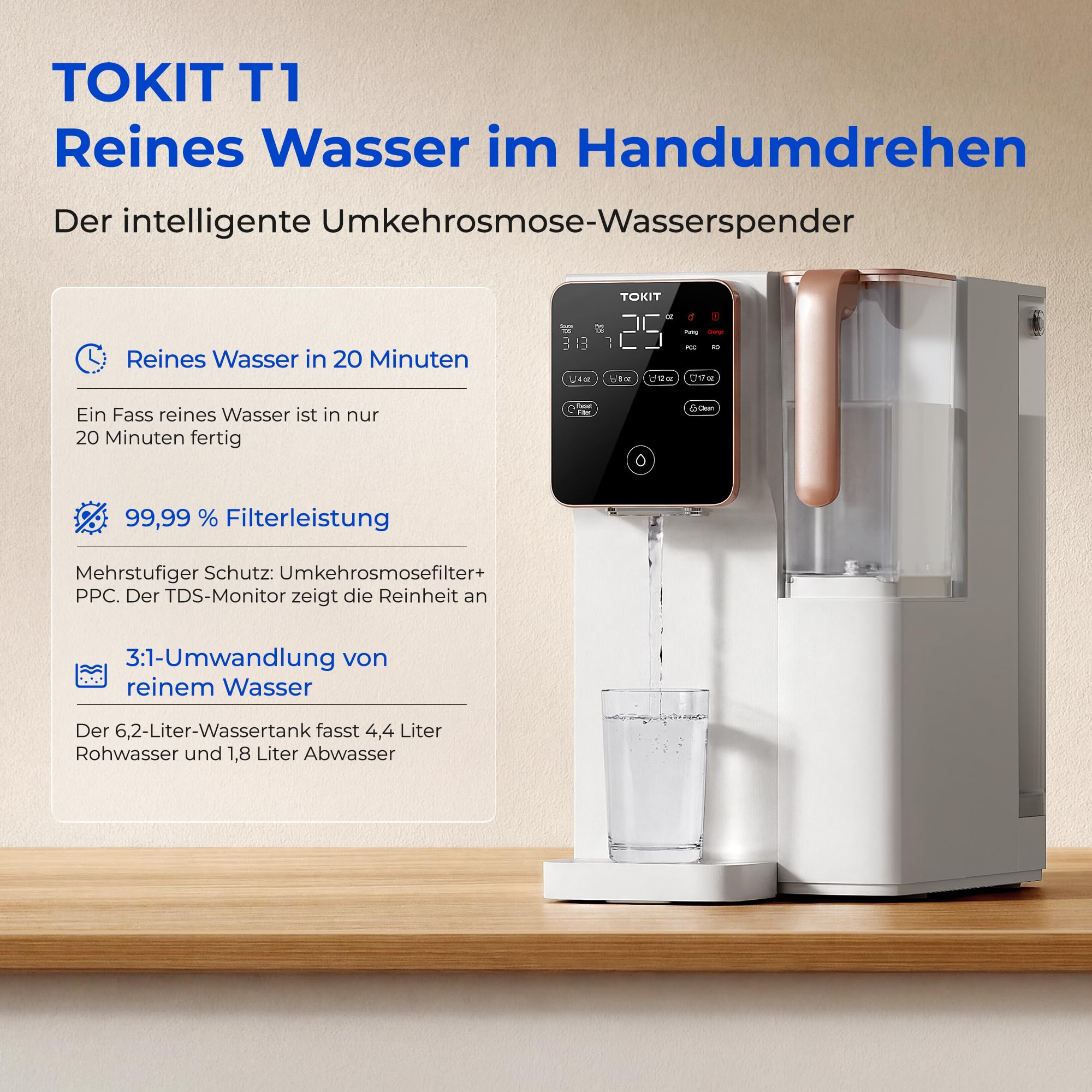 TOKIT System odwróconej osmozy T1 | Oczyszczacz wody stołowej z ekranem dotykowym i monitorem TDS | 9-stopniowa filtracja o wysokiej dokładności | Współczynnik czystości 3: 1 | Certyfikat CE i EMC