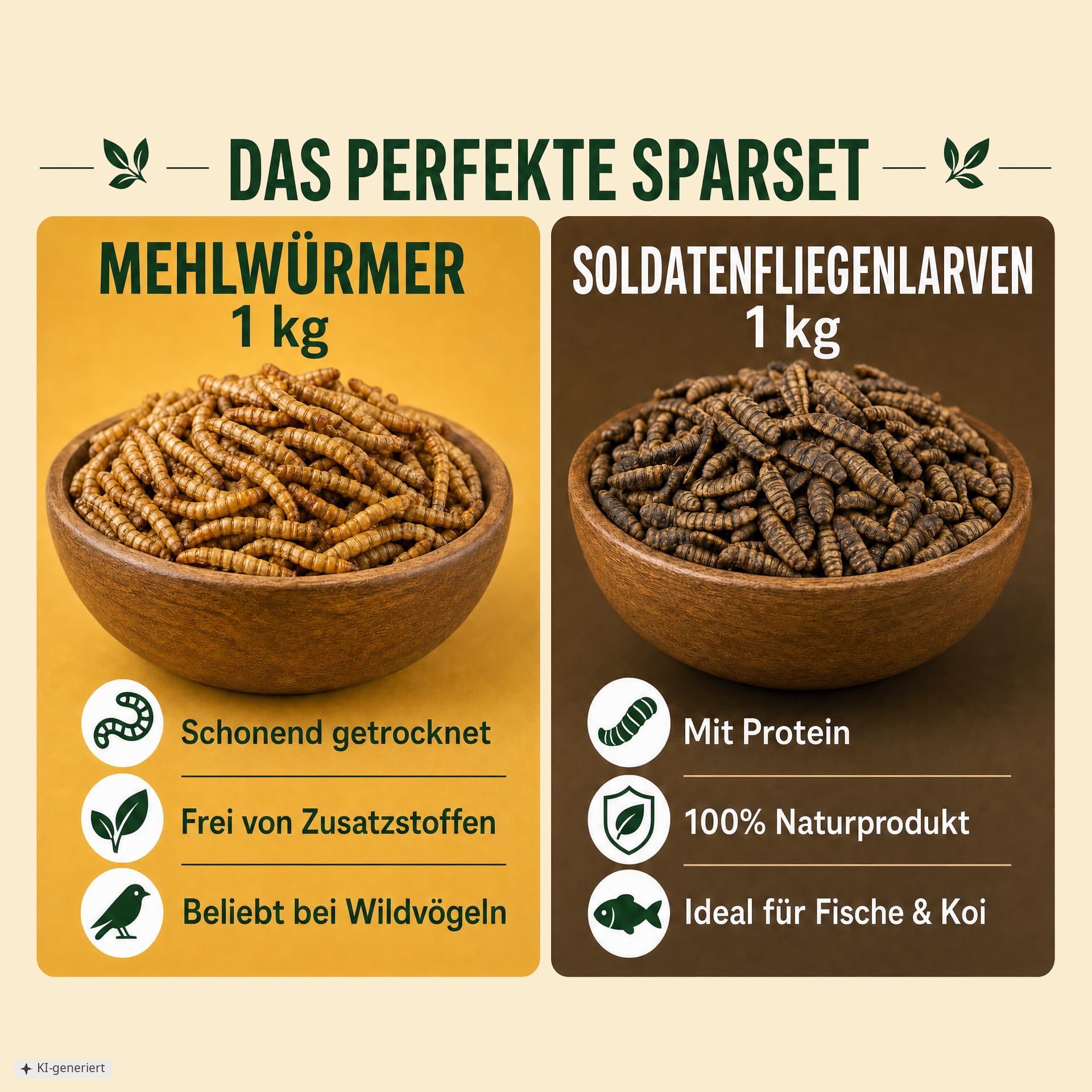 EWL Naturprodukte Mehlwürmer 1kg & Soldatenfliegenlarven 1kg getrocknet, Set 2kg für Wildvögel, Igel, Fische und Reptilien