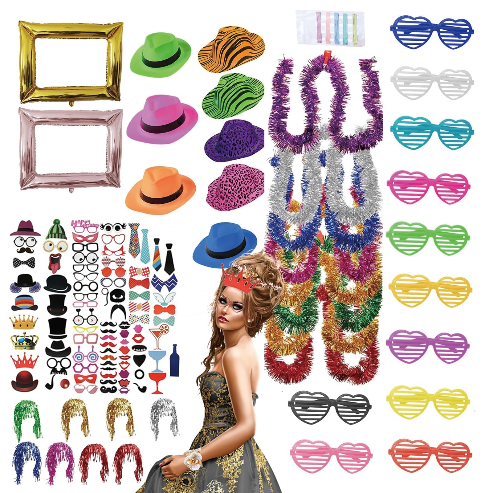 147pcs Accessoires De Cabine Photo,Kit de 147 Accessoires de Fête néon,chapeaux néon, perruques métallisées,lunettes d'obturation, boa colorés, accessoires de photomaton pour mariage, Halloween, Noël