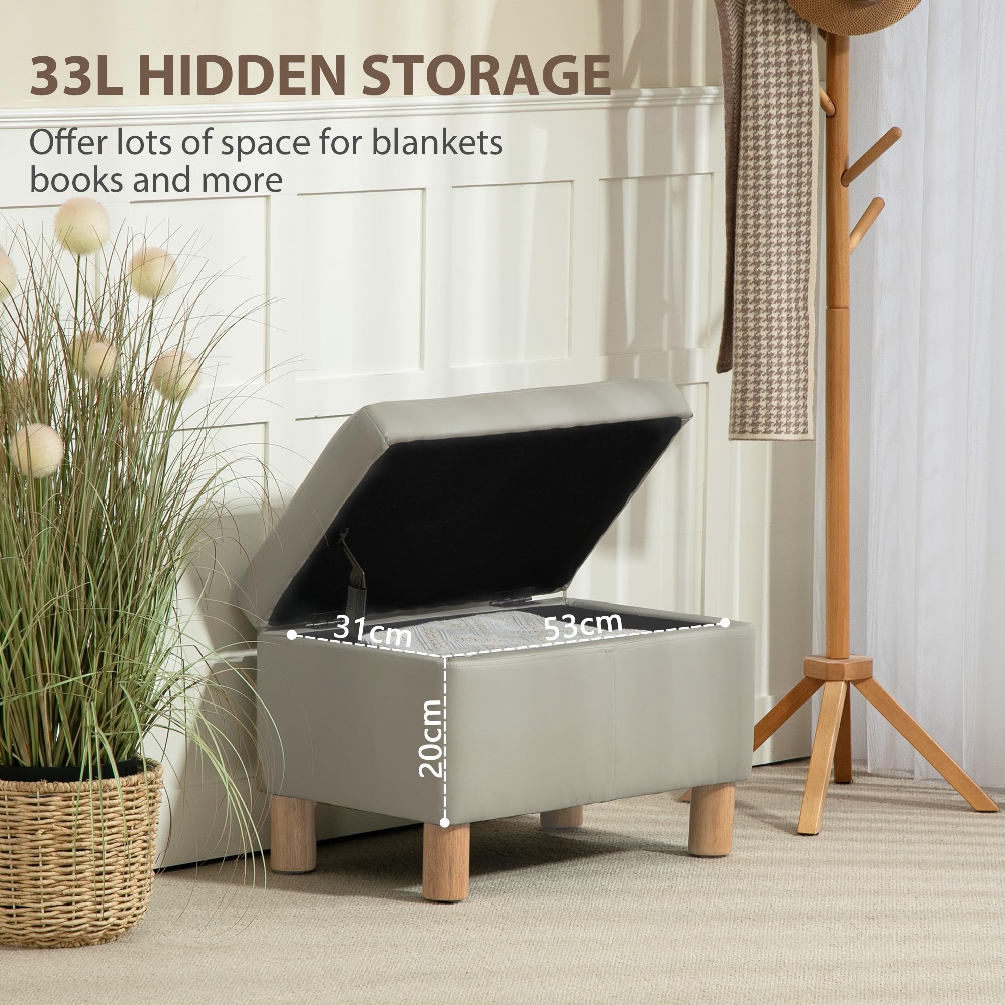 HOMCOM Camera da letto Storage Chest 33L Puff Storage Panca imbottita in PU con gambe in legno per corridoio, soggiorno 60x38x40 cm Grigio Chiaro