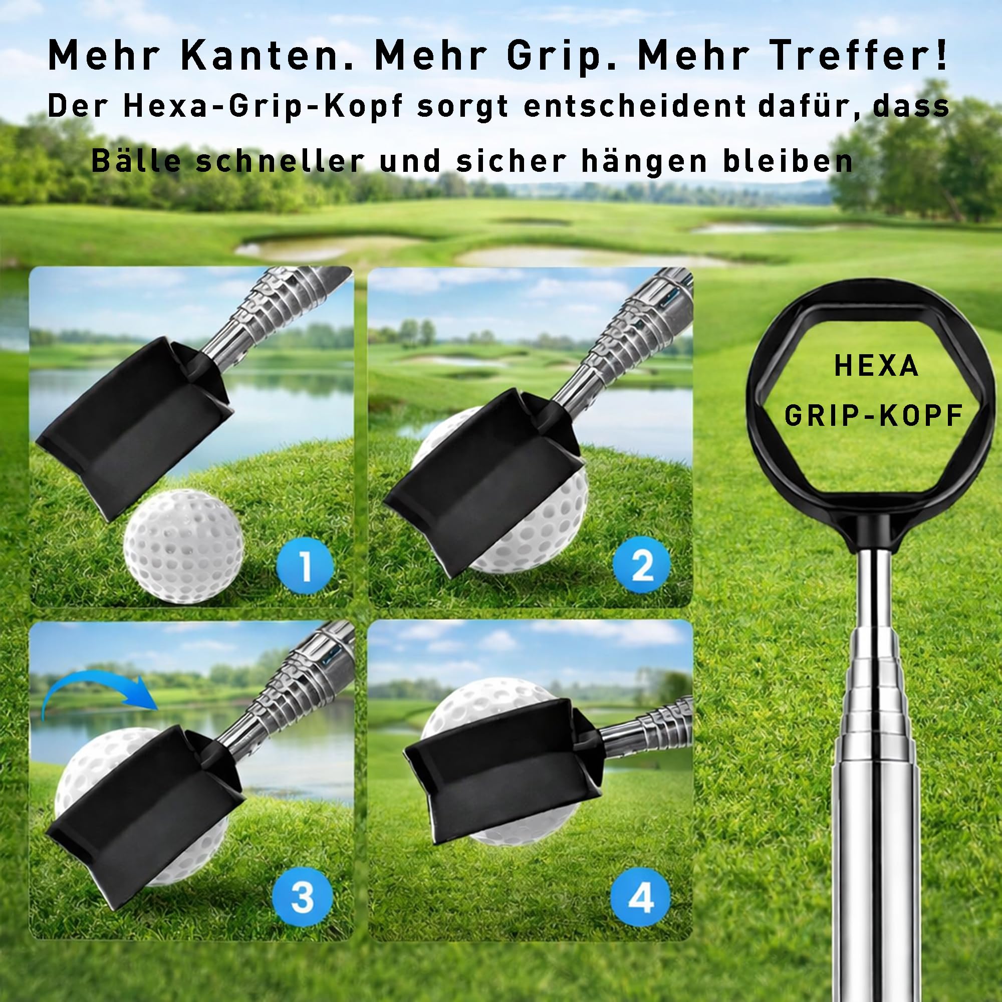 JAY K Golf Ball Angel Edelstahl – 9-Fach Teleskop bis 2,90 m – Kompakt 42 cm – Ergonomischer Softgriff – Sicheres 6-Kant-Greifsystem – Golfball Retriever Golfballangel in 5 Farben