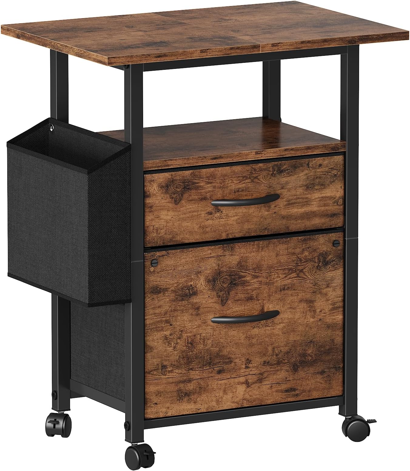 GYIIYUO 2 Drawer Larger File Cabinet with 24'' Extended Desktop, Mobile Filing Cabinet, Rolling File Cabinet with Side Bag, Fabric Drawer, Printer Stand Home Office, 27.5''H, Rustic Brown