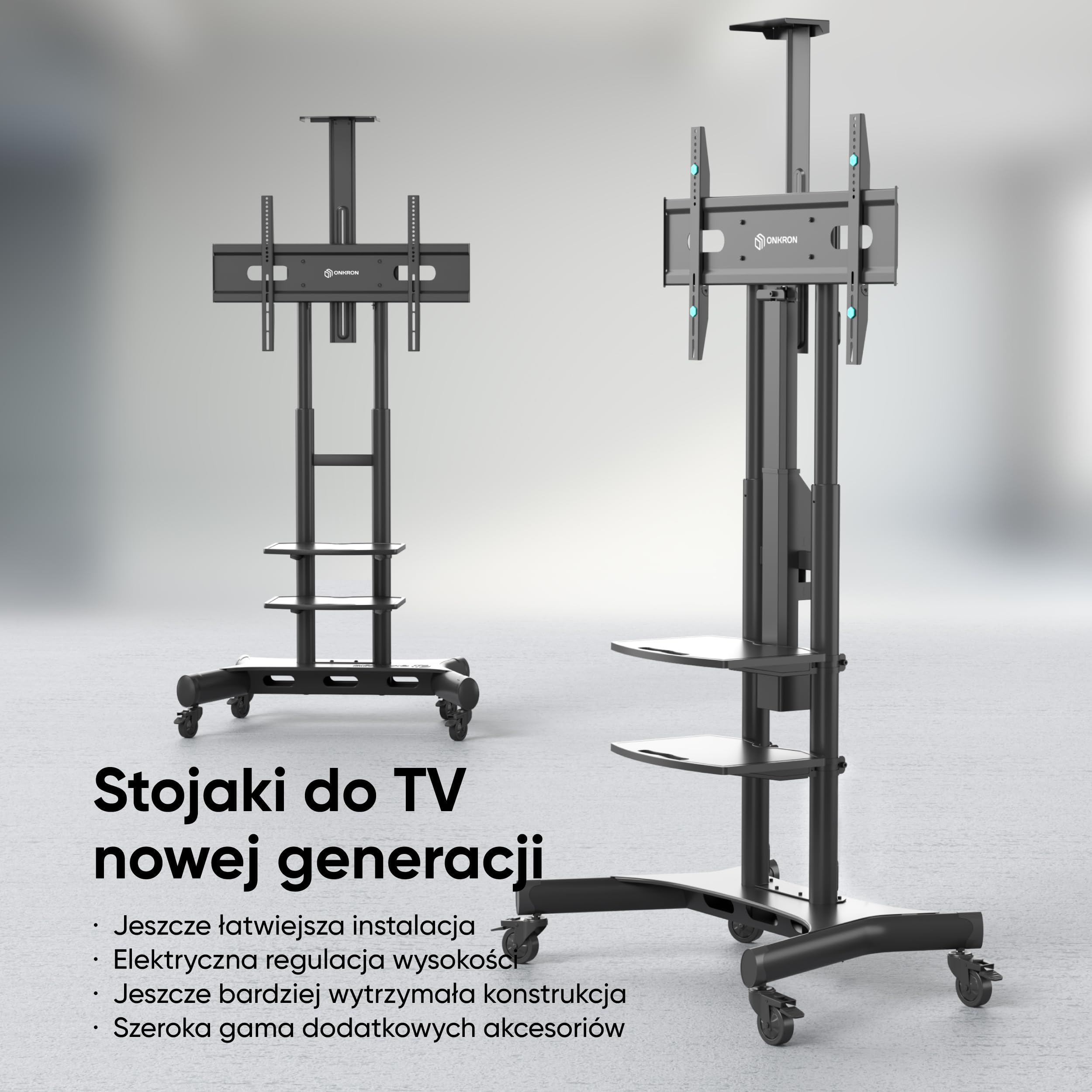 ONKRON Mobilny Stojak TV na Kółkach do Ekranów 50-86 cali, maks. Obciążenie 105,9 kg, Elektryczny Wózek z Pilotem, VESA 200x200-800x500, Regulacją Wysokości, Czarny TS1881E-B