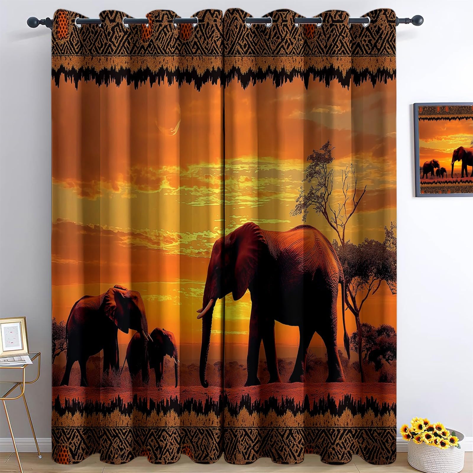 Curtain Blackout Photography Sunset African Elephant 3D Print Soft Polyester Thermal Insulated Noise Reduction Blackout Eyelet Curtains forBedroom Living Room Decoration - 2 Pieces 55” W x 102” L