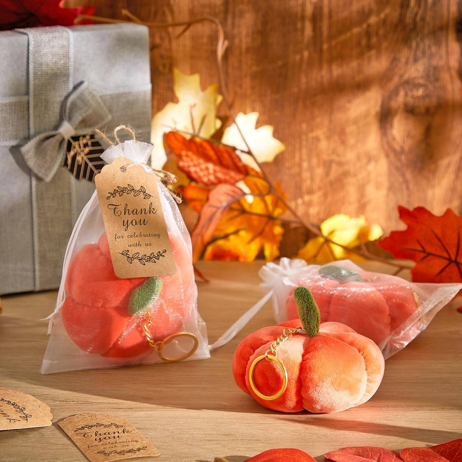 24 Set Stuffed Pumpkin Keychain Halloween Fall Pumpkin Baby Shower Party Favors Include Pumpkin Shaped Plush Keychain Thank You Kraft Tag with Organza Bag for Autumn Thanksgiving Halloween Baby Shower