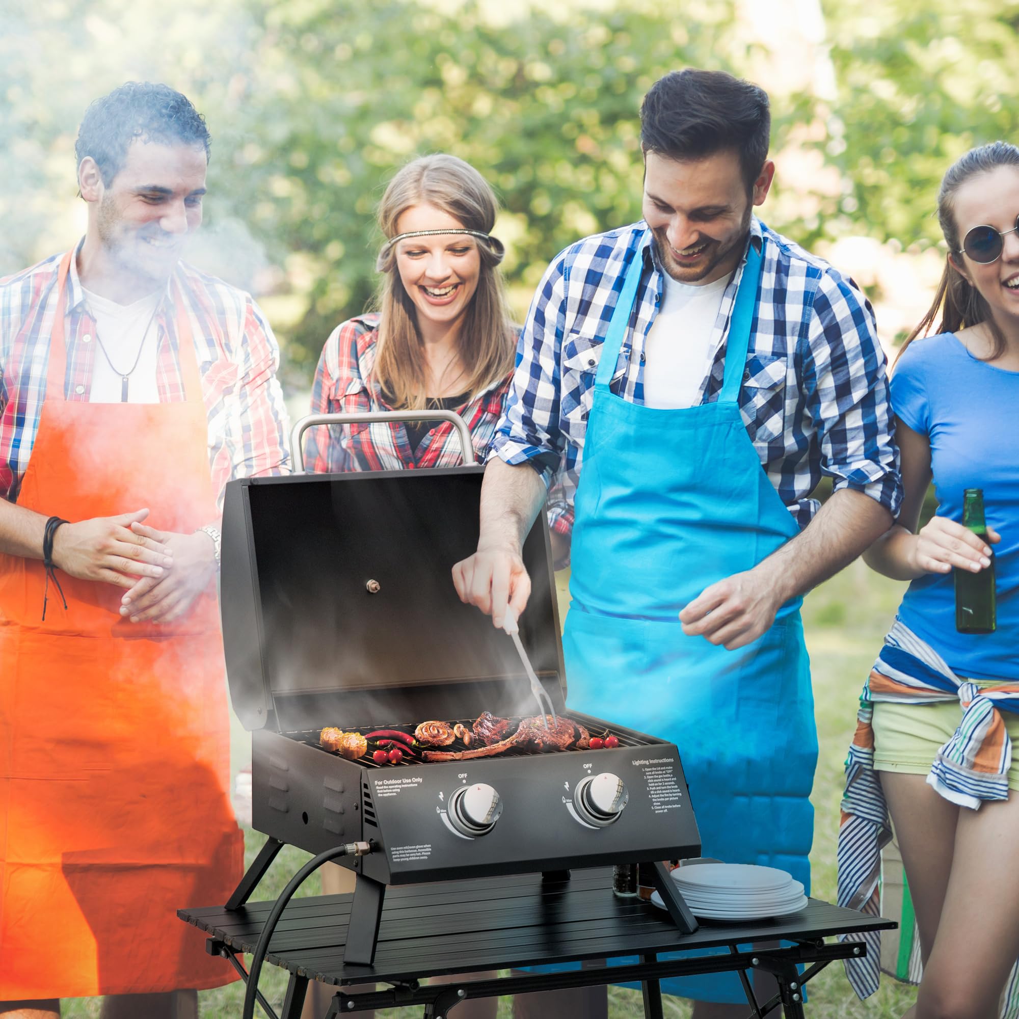 Outsunny BBQ a Gas de Mesa portátil con Patas Plegables 5 kW Negro | 2 Quemadores, BBQ a Gas de Camping, Parrilla de cocción, Bandeja de grasa, Termómetro, Acero apto para alimentos