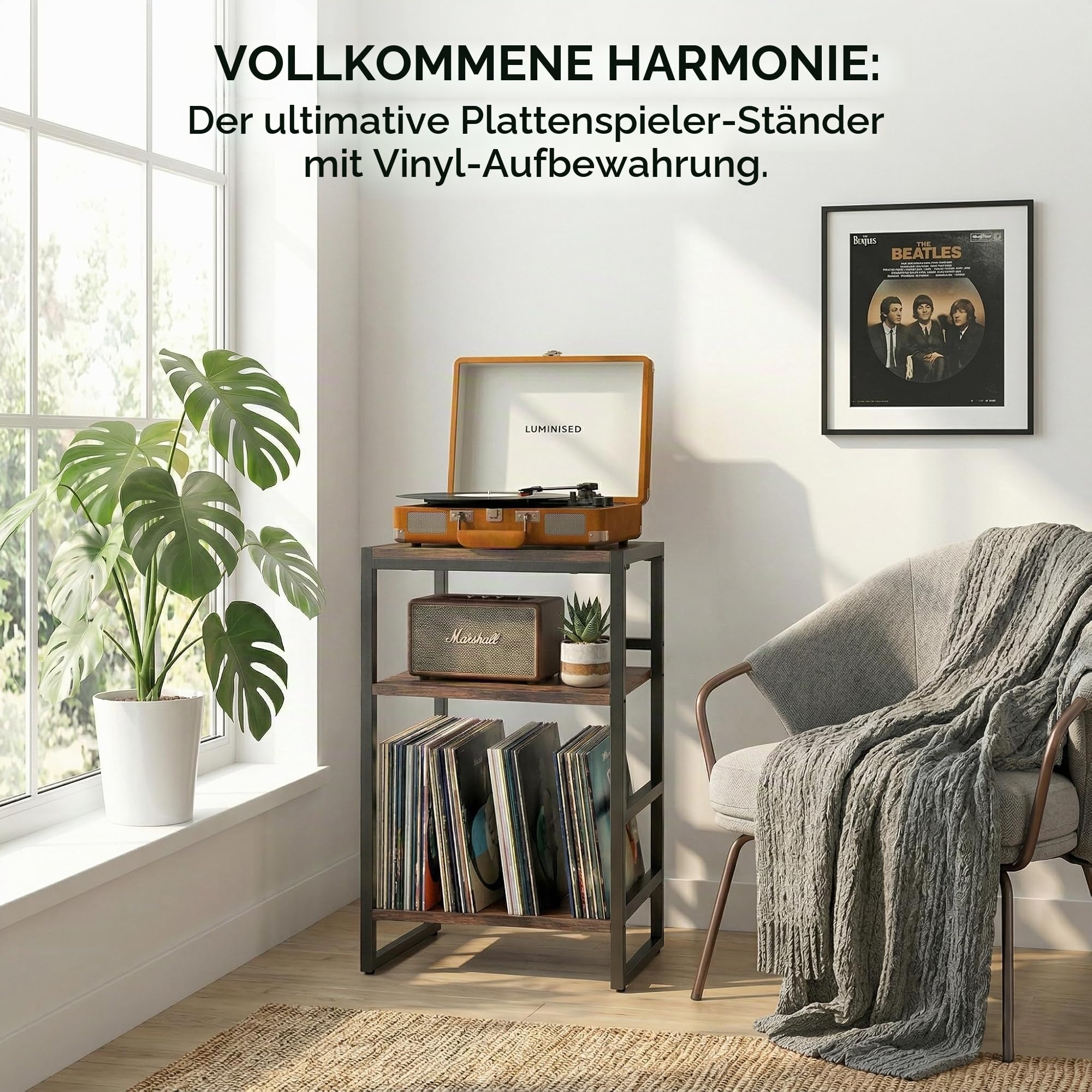 Plattenspieler-Ständer, 3 Etagen Beistelltisch,Plattenspielertisch Aufbewahrung von Schallplatten, bis zu 120 Alben, Tisch für Wohnzimmer, Schlafzimmer, Vintagebraun (Rustikal Braun)