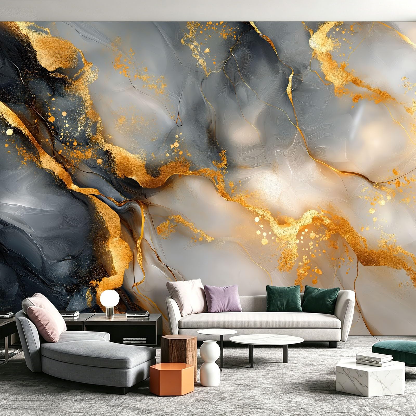 Carta da parati in tessuto non tessuto, 200 x 140 cm, carta da parati fotografica, decorazione da parete per sfondo TV, soggiorno, appartamento, facile da montare, moderna, nero, bianco, oro, marmo