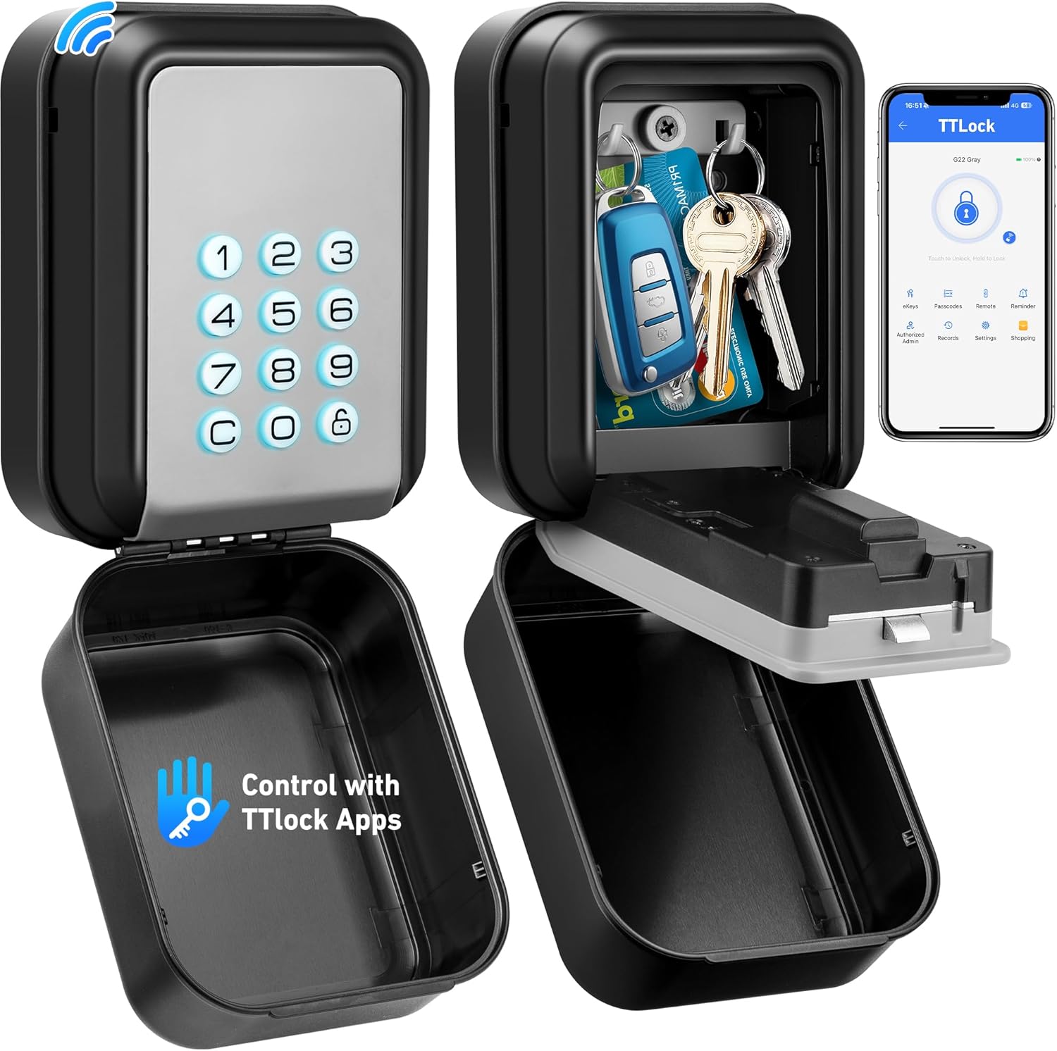 HUANLANG Smart Key Lock Box – Bluetooth Electronic Lock Box for Keys, Wall Mount Digital Key Storage with App Control & PIN Code Types, IP65 Waterproof lockbox for Home, Airbnb, Realtor and Office