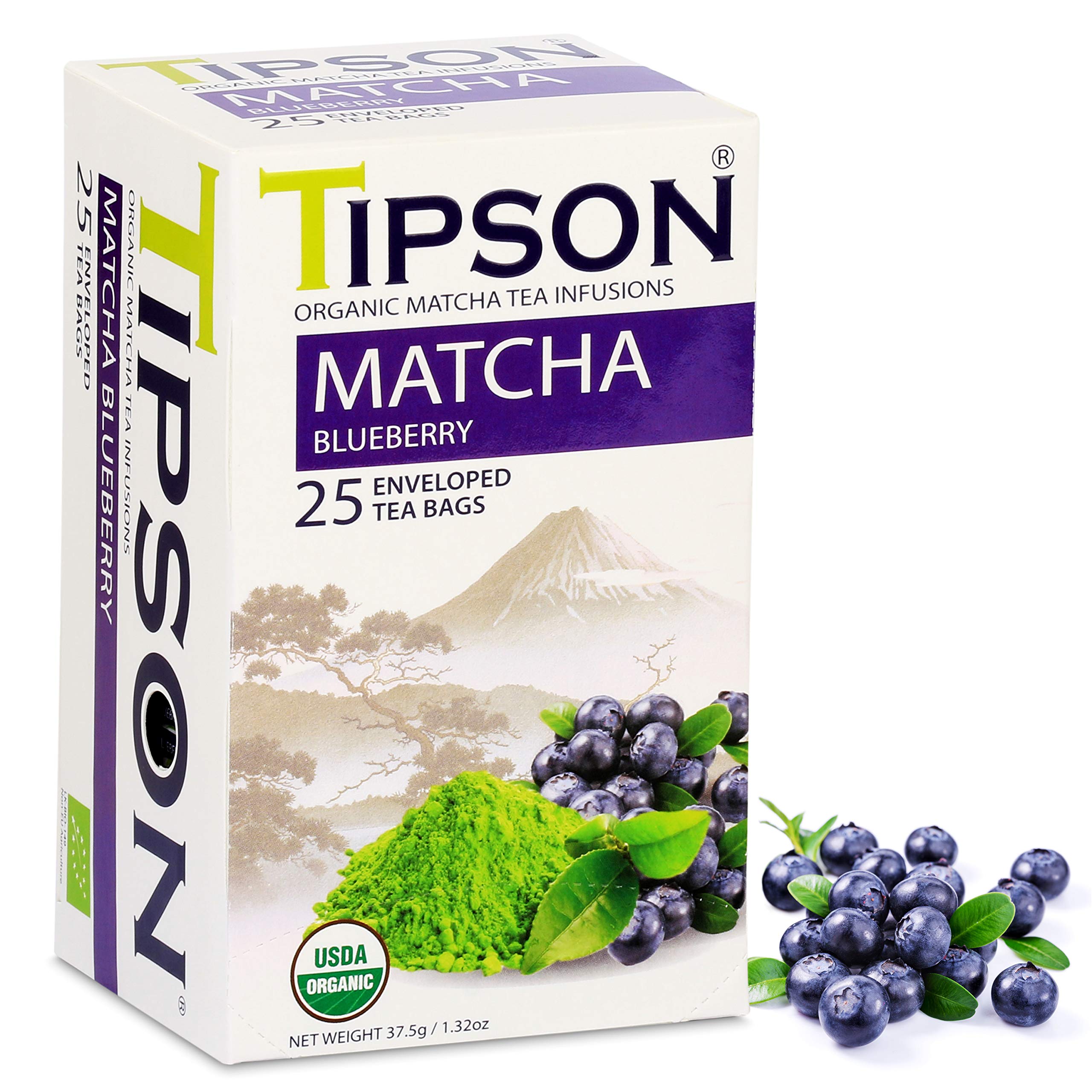 Organic Matcha Green Tea - Blueberry Flavor - 25 Foil Enveloped Double Chambered Bags - Keto/Paleo