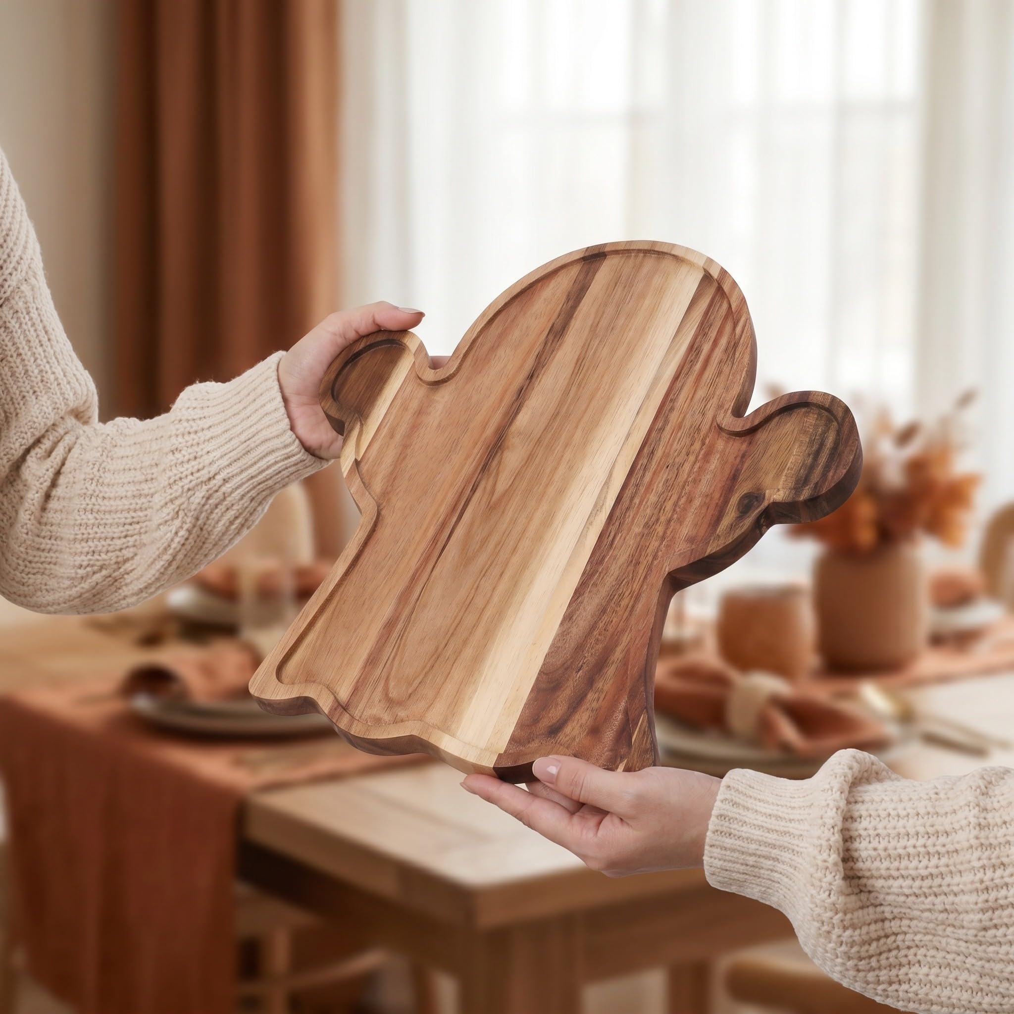 OUNONA 2 bandejas de Servir con Forma de Fantasma de Halloween - Plato de Servir con Forma de Calabaza - Tabla de Madera para Embutidos - Plato de Queso para Dulces, golosinas, Bebidas y decoración