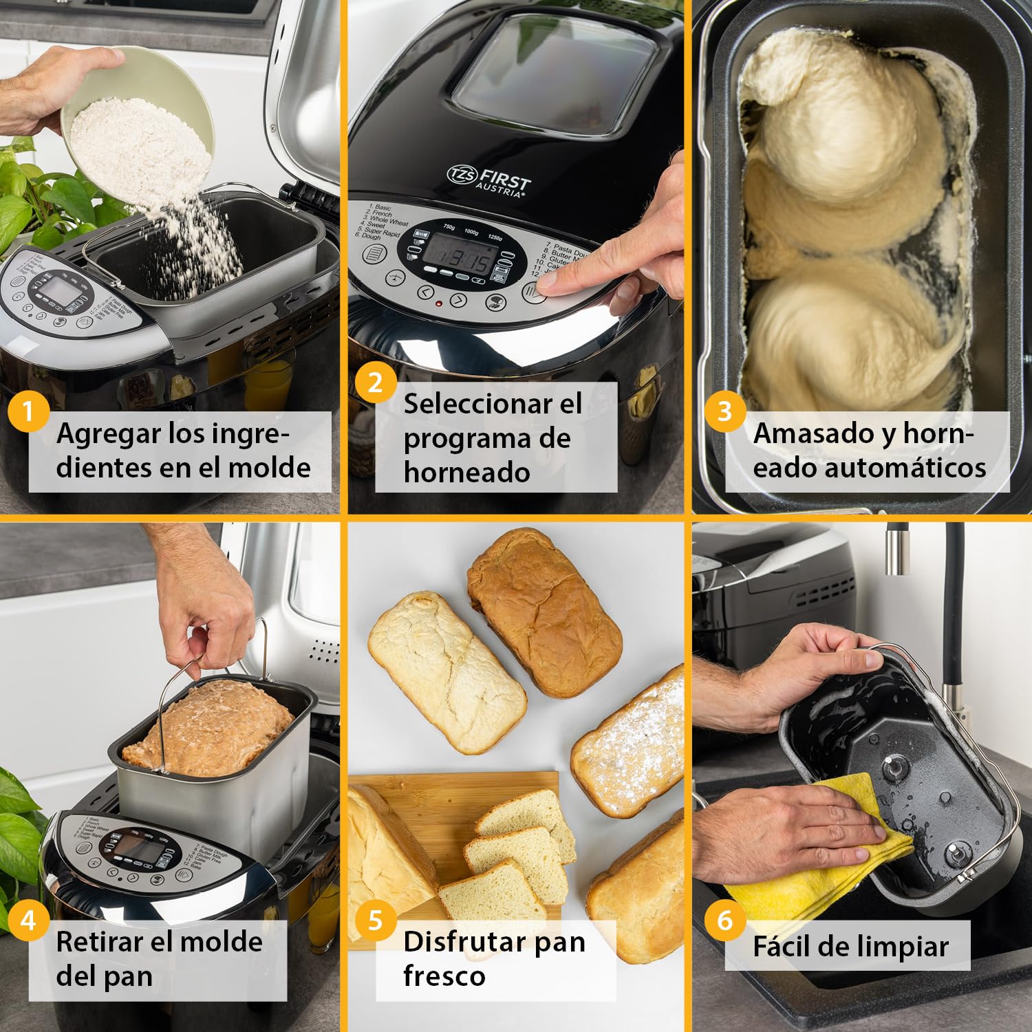 TZS First Austria - Máquina para hacer pan con 12 programas automáticos 850W - Panificadora eléctrica de 700-1250g - Con ventanilla, temporizador, accesorios y función mantenimiento caliente - Negro