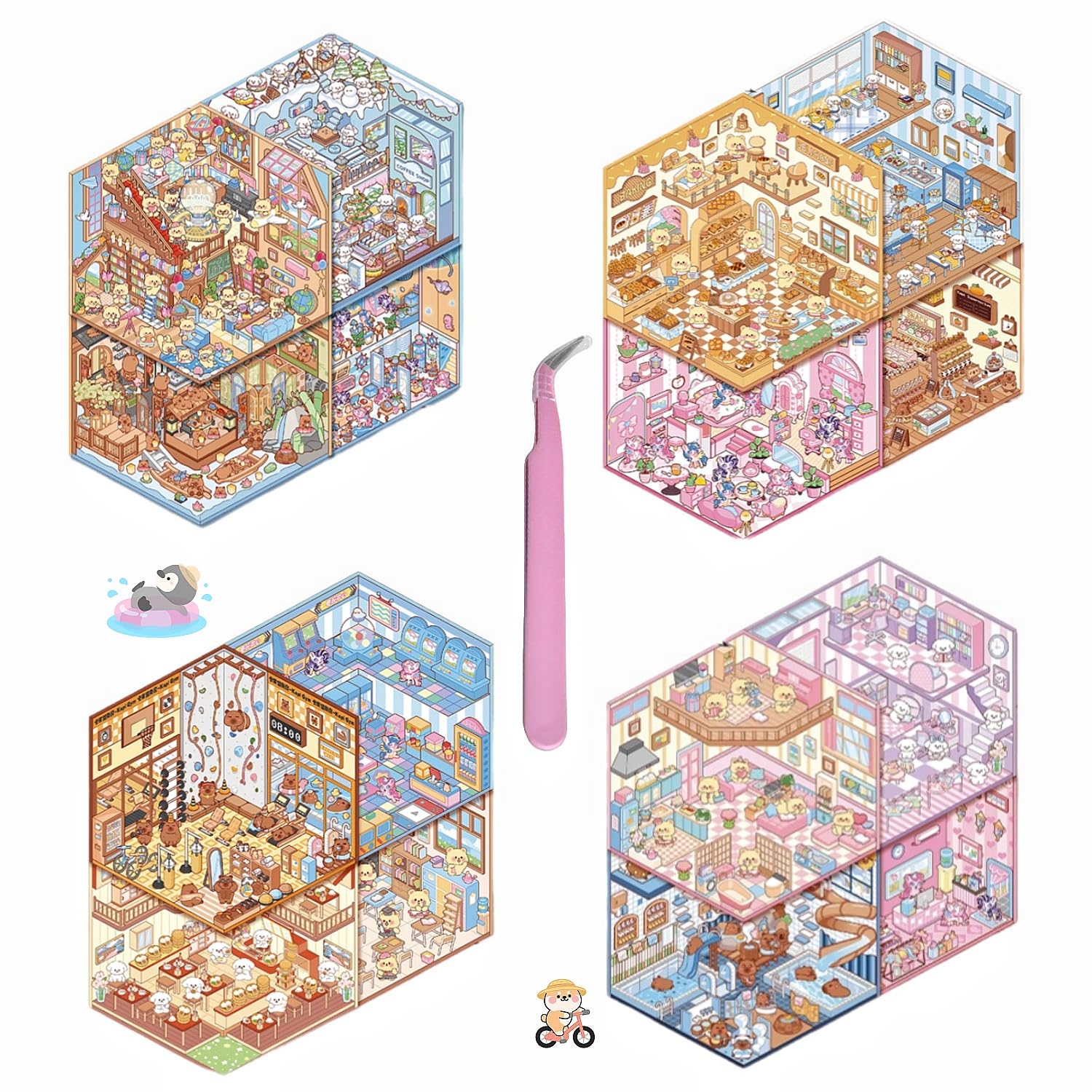 20 Sets of 3D DIY House Stickers with Tweezer,Kawaii 3D Sticker Scenes Collection Book Make Your Own Cartoon Mini Shop Cake Burger Coffee Shop for Adult Kids Relief Stress Pass The Time - Image 2