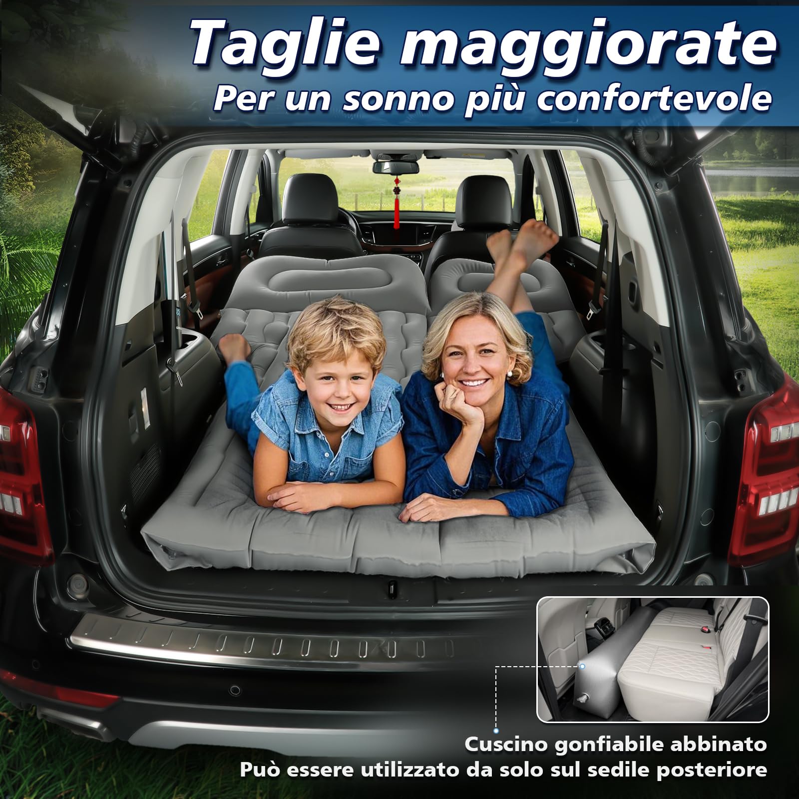 FORMIZON Materasso Auto, 180 * 140cm Materasso Gonfiabile Macchina, Letto Gonfiabile Auto con Pompa ad Aria e 2 Cuscini per SUV più Spesso Letto per Viaggi in Campeggio All'aperto (Grigio)