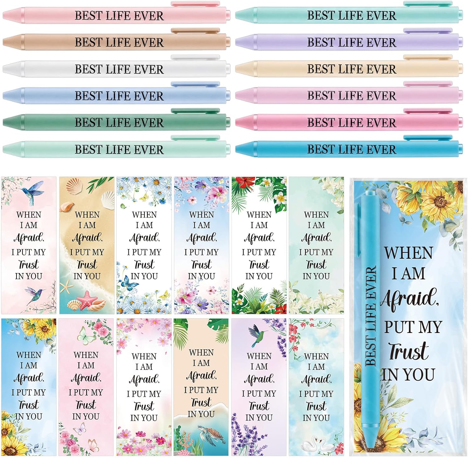 Crtiin 36 Set Best Life Ever Pens with Cards for Ministry Supplies Trailblazer Gifts 12 Colors Bulk Christian Inspirational Ballpoint Pens Set, Religious Gifts for Church Events Bible Study