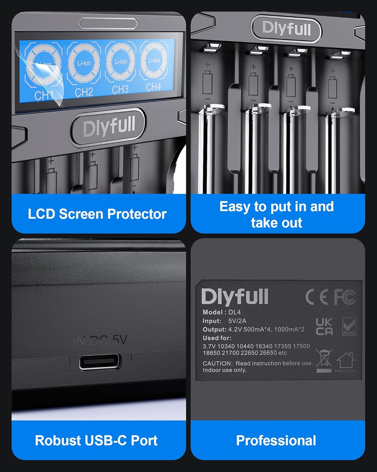 Nærbillede views of the Dlyfull DL4 charger's LCD screen, battery slots, USB-C port, and product label.