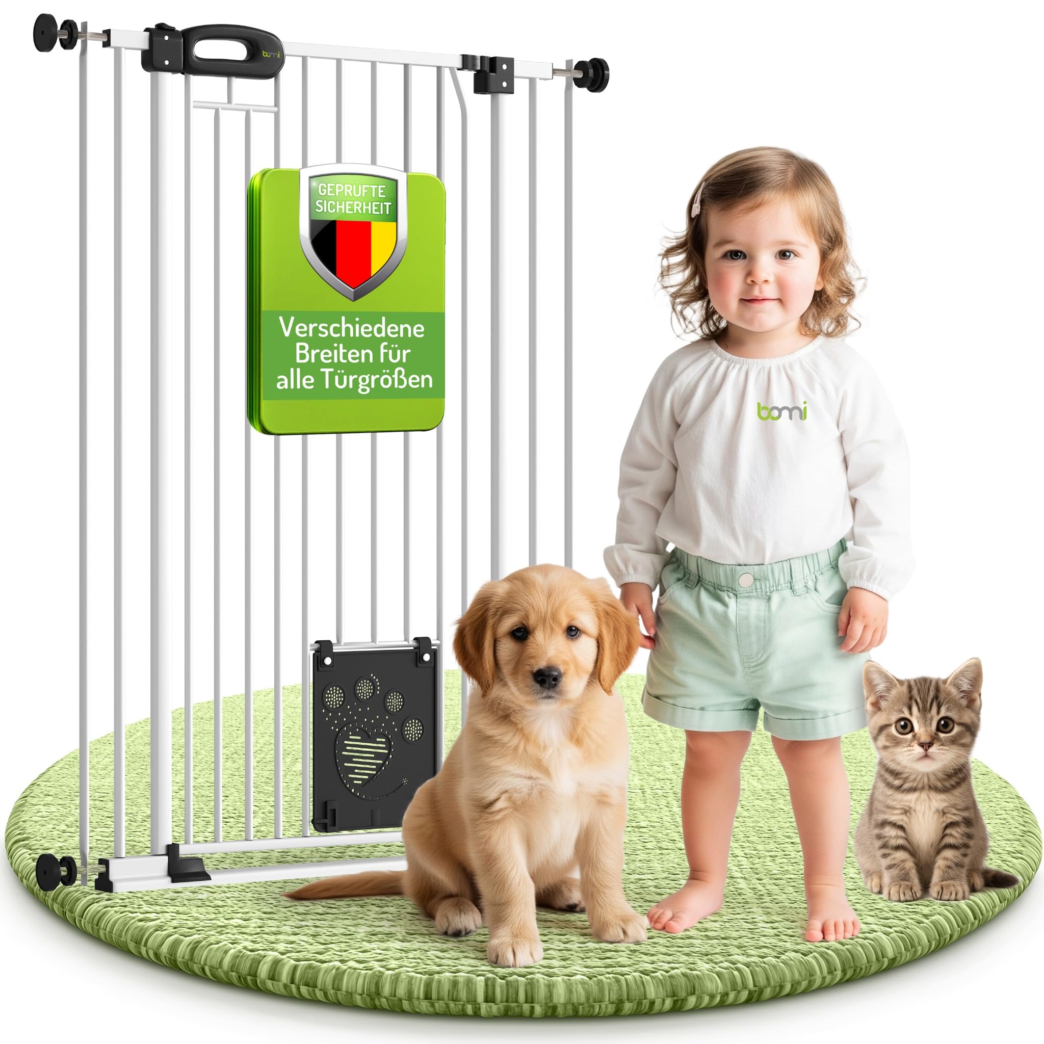 BOMI Tierschutzgitter Merle| Treppenschutzgitter ohne Bohren| Ideal als Absperrgitter Hund, Katzengitter Tür & Welpenzaun | Extra Enge Stäbe | Hundegitter Wohnung weiß Metall | Breite: 73-83 cm