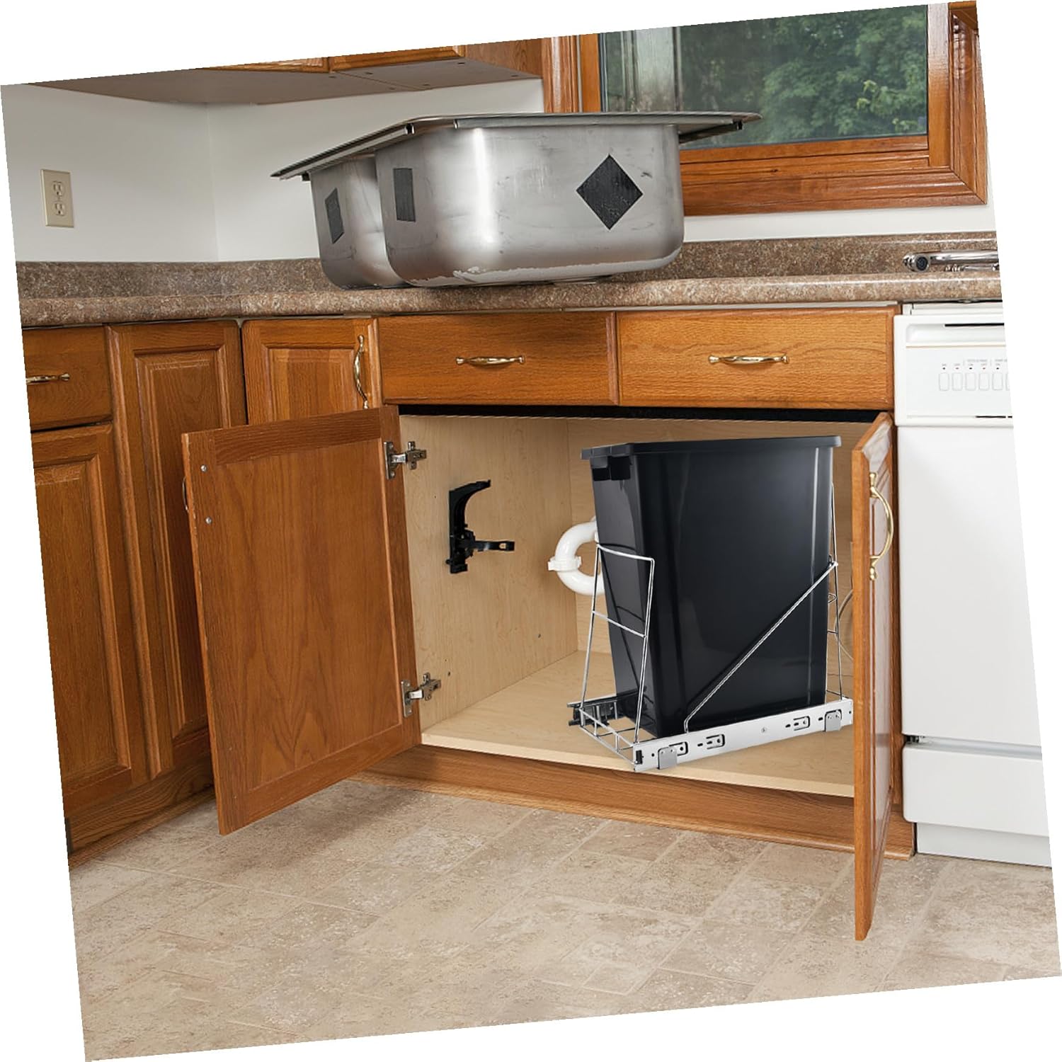 Adjustable Pull Out Shelf for Kitchen Trash Can Under Cabinet Stainless Steel Slide-out Storage Rack Flexible Organizer for Sink Area
