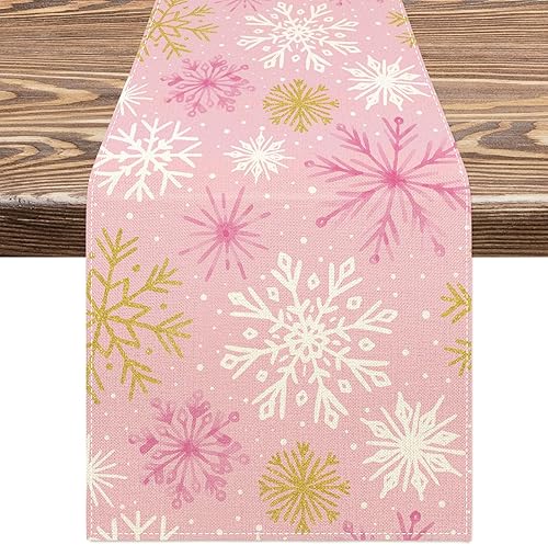 AnyDesign Camino de mesa de invierno con copos de nieve de oro rosa para cocina, decoración de mesa de comedor, decoración de mesa de Navidad,
