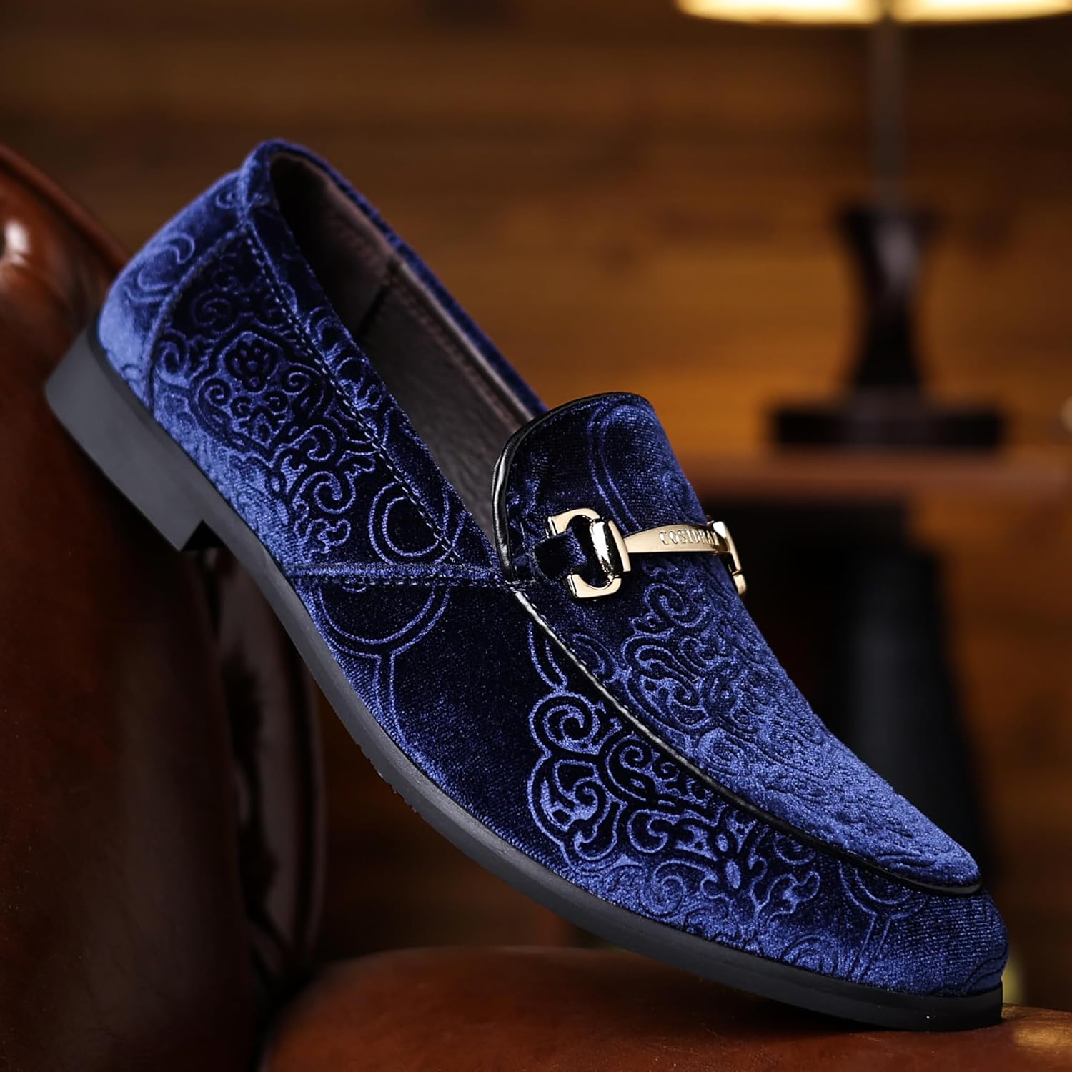 COSIDRAM Men's Velvet Penny Loafers Luxury Vintage Jacquard Pattern Classic Gold Buckle Party Prom Dress Shoes - Image 3