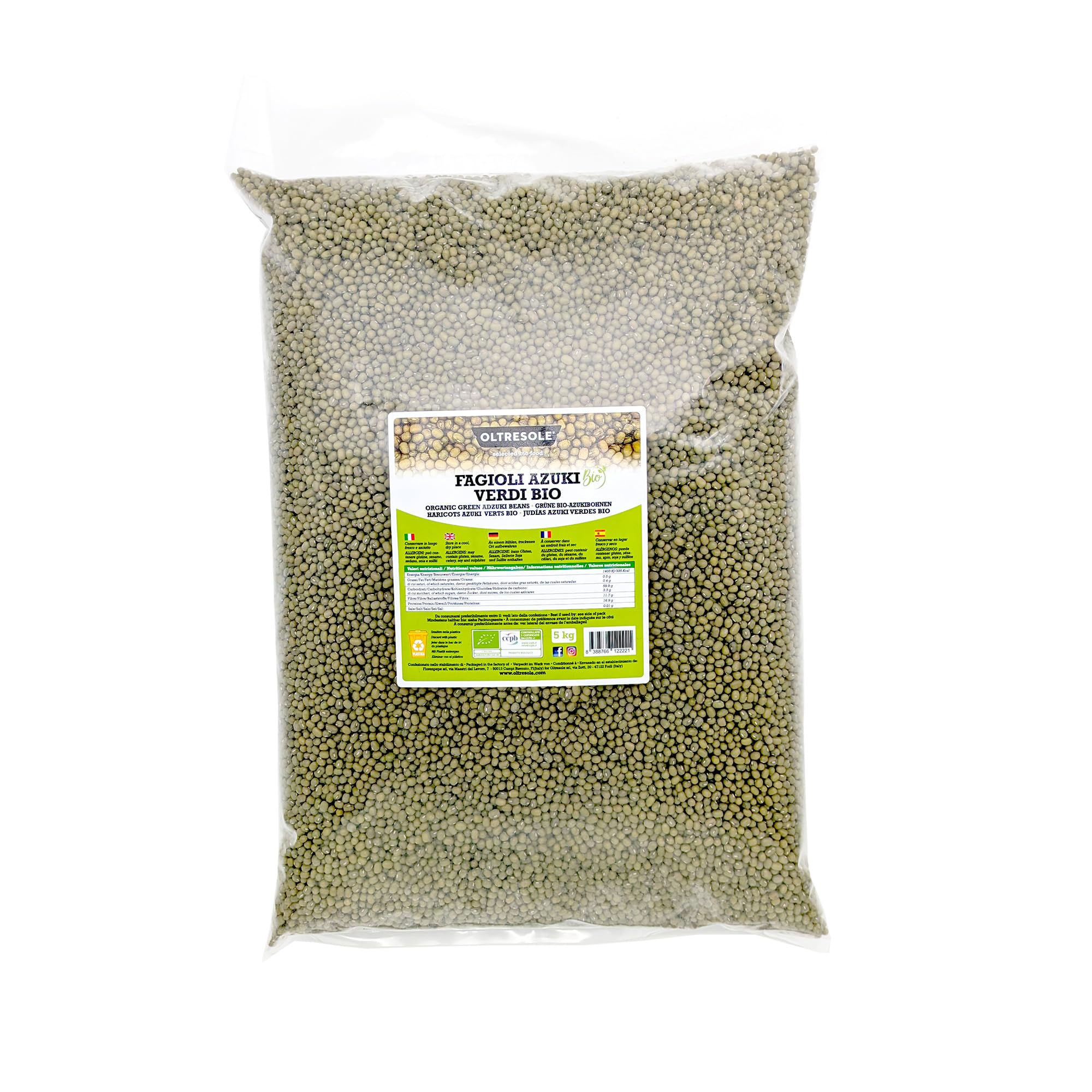 Oltresole, grüne Azuki-Bohnen, Bio, 5 kg, getrocknete Hülsenfrüchte aus kontrolliert biologischem Anbau, ideal für Suppen, Salate und vegane und vegetarische Rezepte, Sparpack