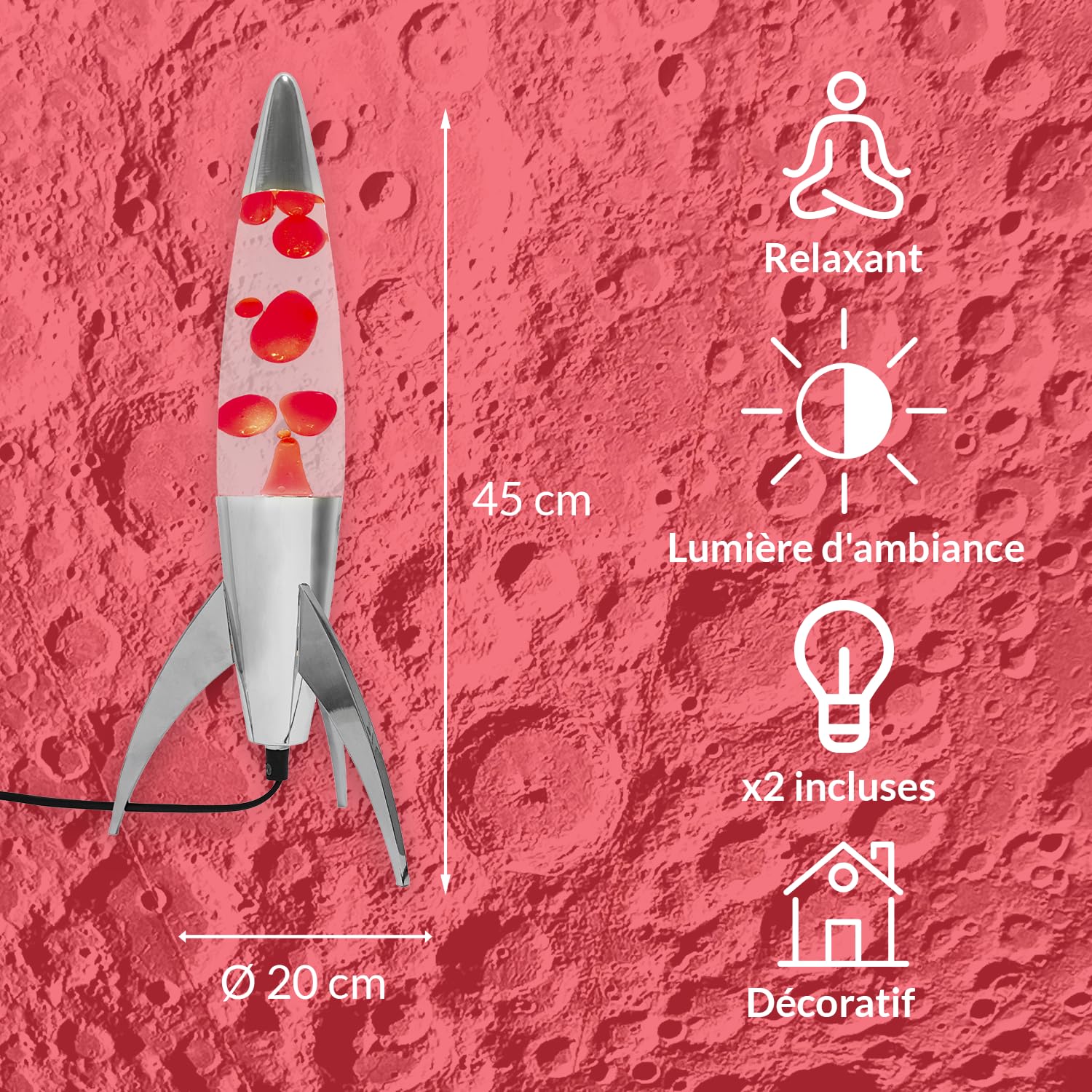 Lampe à Lave Rouge Fisura - 39.5cm De Haut - Base Chromée - Ampoule Incluse - Design Rétro