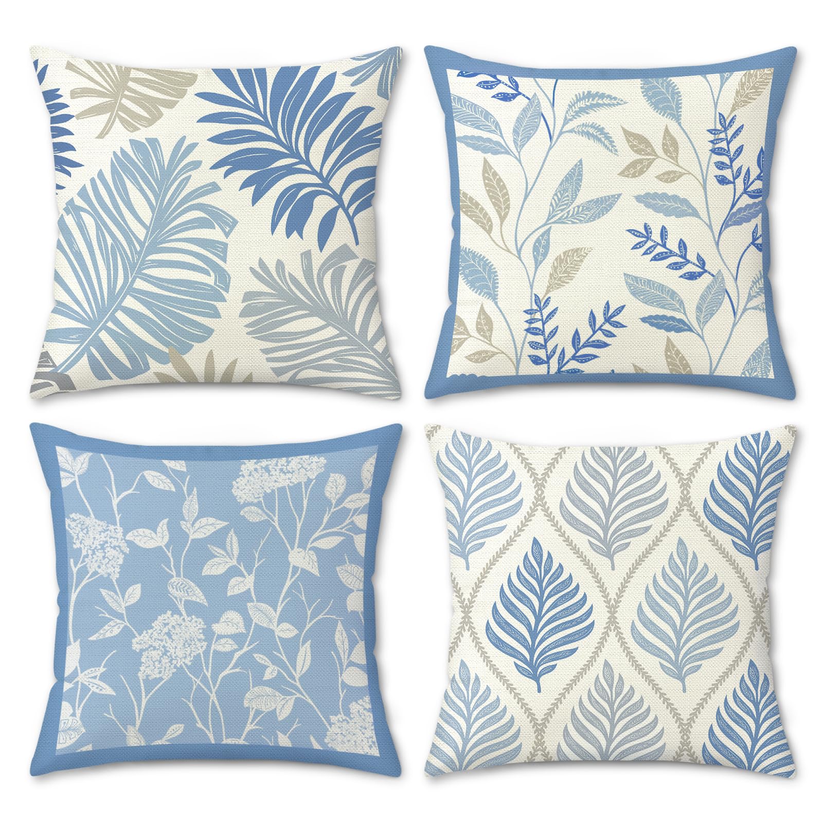 Bonhause Blue Leaves Cushion Covers 45 x 45 cm Tropical Leaf Florals Throw Pillow Covers Polyester Linen Pillowcases for Sofa Couch Bed Home Patio Outdoor Decor Set of 4