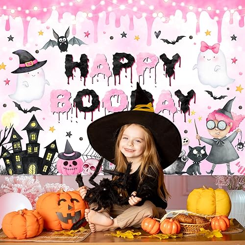Miniatura 2 de Avezano Telón de fondo de feliz día abucheo para niña, decoración de fiesta de cumpleaños de Halloween rosa y negro, fantasma boo, pancarta