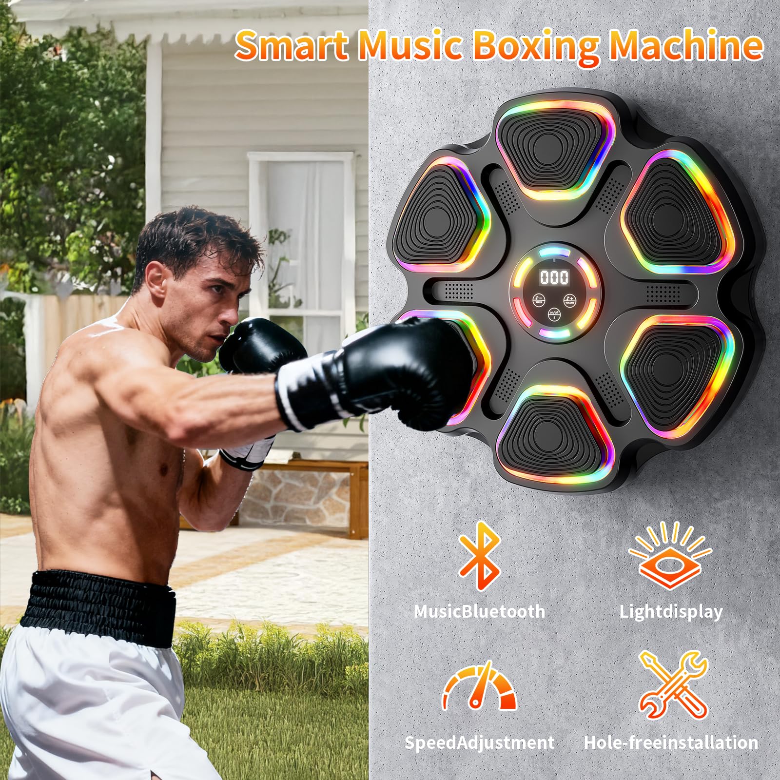 Máquina de boxeo musical con guantes de boxeo, máquina de montaje en pared para niños y adultos, equipo inteligente de gimnasio de boxeo Bluetooth, equipo de entrenamiento de boxeo para el hogar