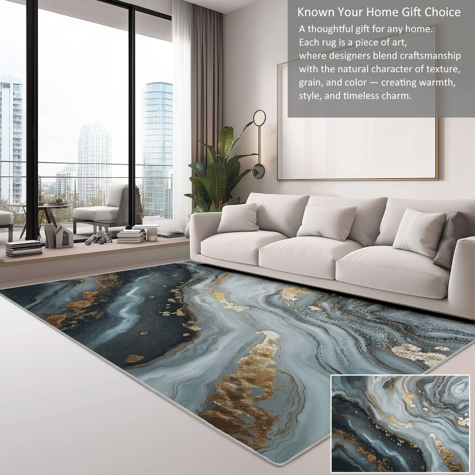 Luksusowy marmurowy dywan z teksturą złota, 180 x 240 cm, podwójna ochrona antypoślizgowa, z 4 narożnymi uchwytami, zmywalny i chłonny dywan z niskim runem do pokoju rodzinnego i głównej sypialni