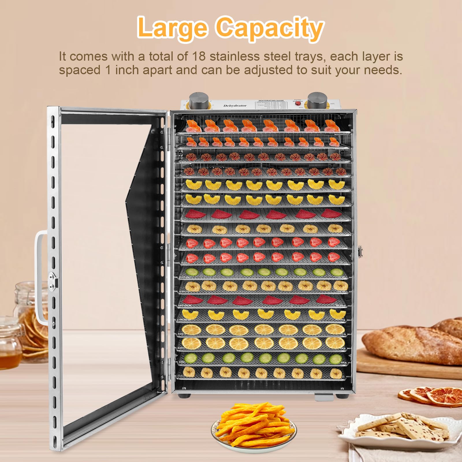 LIYUANJUN 18-Trays Food Dehydrator, 18 Grids Large Commercial Food Dehydrator Timer and Temperature Setting Stainless Steel Dehydrator for Fruits Meats Vegetables 86-194? Temperature Range