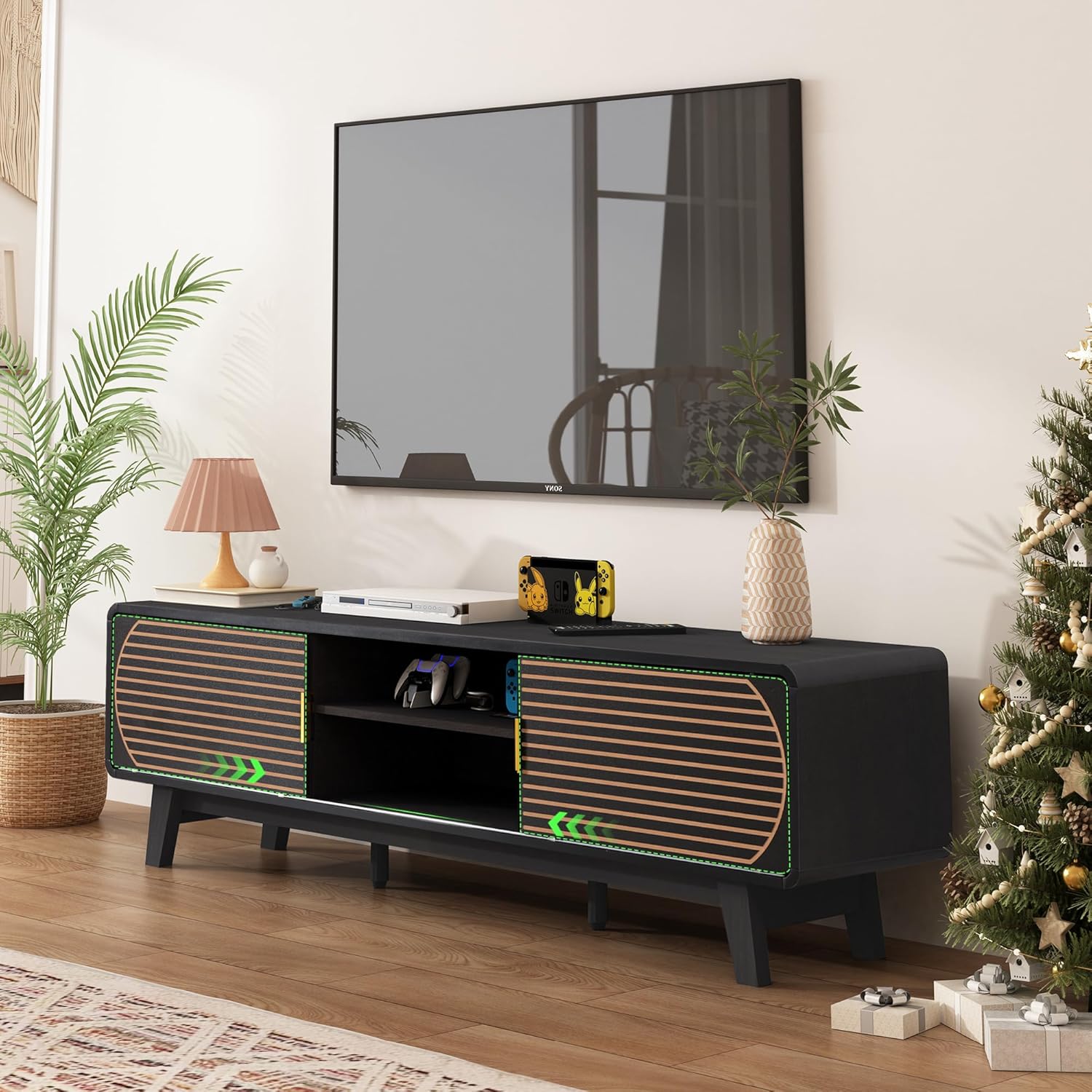 Mid Century Modern TV Stand for 55/60/65 Inch TV, 62" TV Console Table with Fluted Sliding Doors, Entertainment Center and Media Console with Storage for Living Room (Black, 62.2inch)