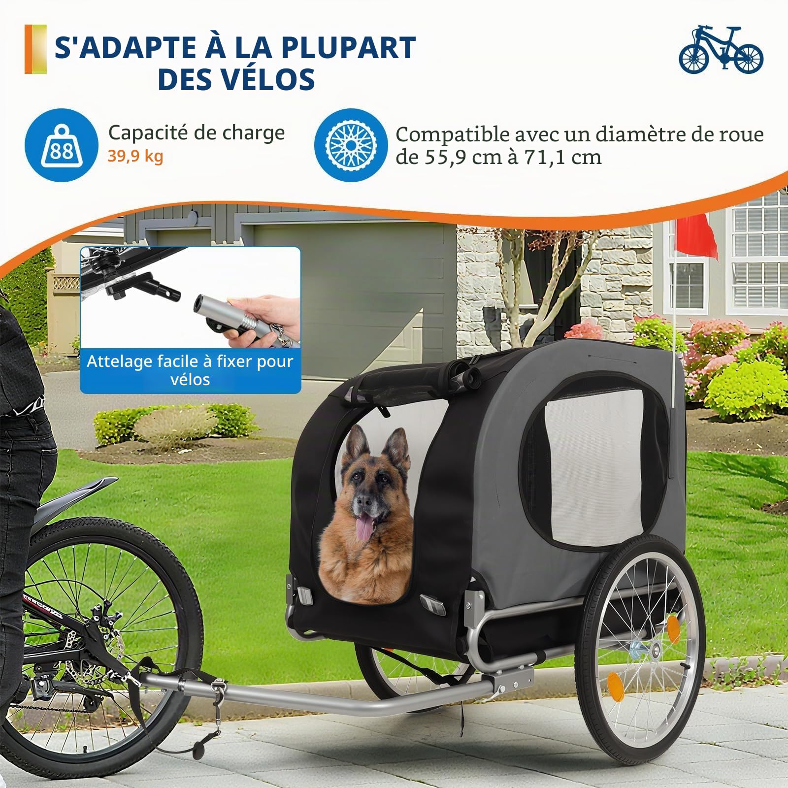 Grandes remorques pour Chiens - Capacité de 40 kg - Porte-Bicyclette pour Animaux de Compagnie - Tissu Oxford Pliable, Attache Universelle - Design Pliable, Tapis antidérapant et Drapeau de sécurité